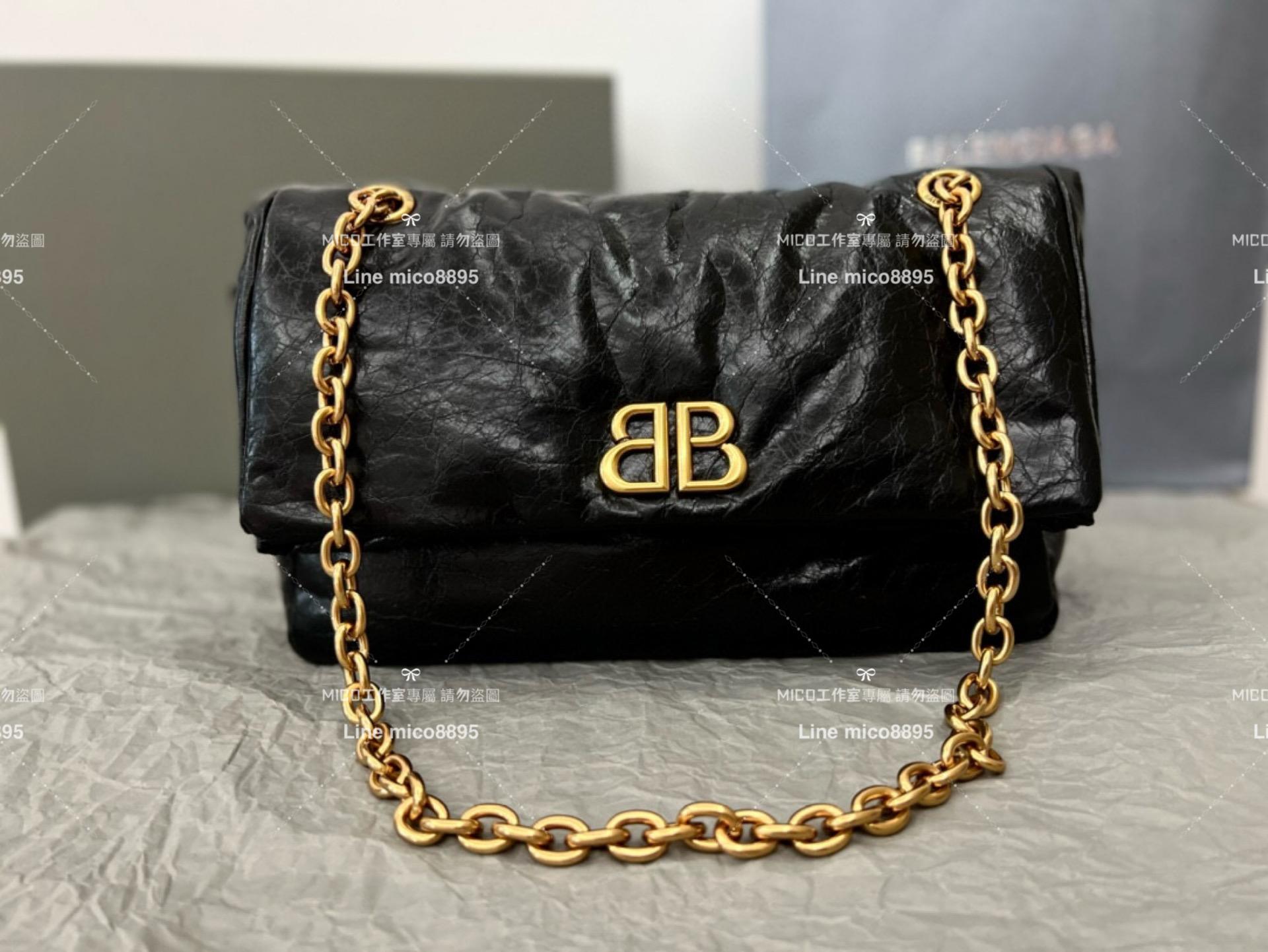 Balenciaga 巴黎世家 黑色油蠟皮/牛皮 真皮 小號28cm monaco枕頭包 鏈條肩背包