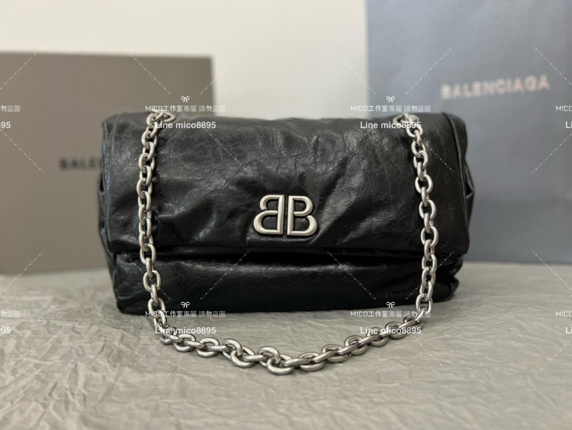 Balenciaga 巴黎世家 黑色油蠟皮/牛皮 真皮 小號黑銀 28cm monaco枕頭包 鏈條肩背包