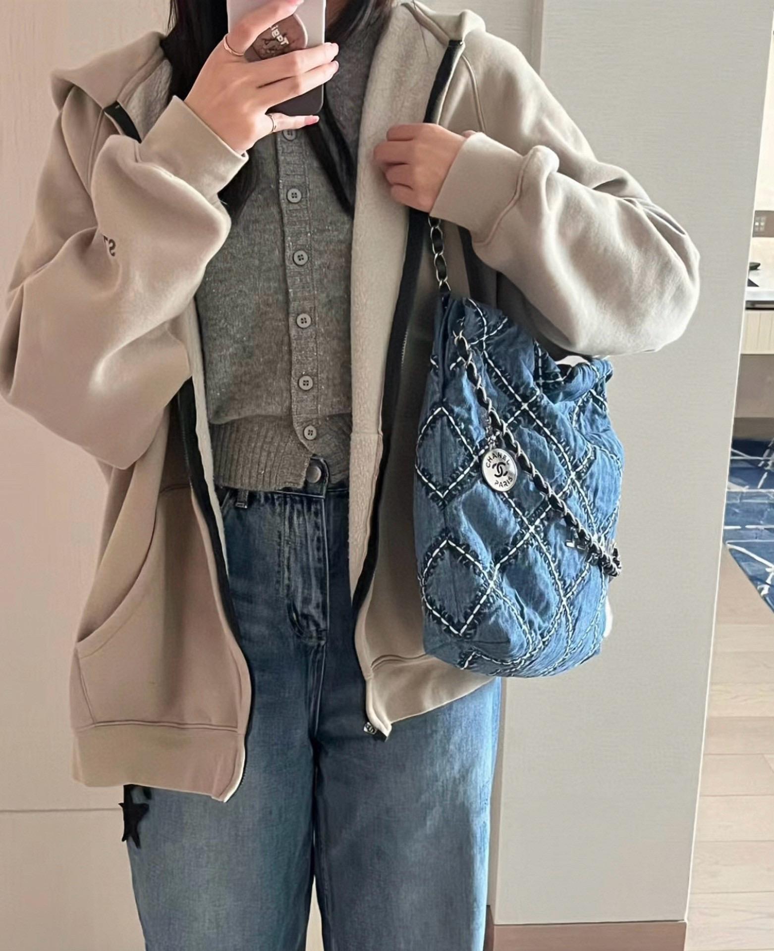 CHANEL 香奈兒 24P春夏款 牛仔丹寧菱格22包 小號 22Bag