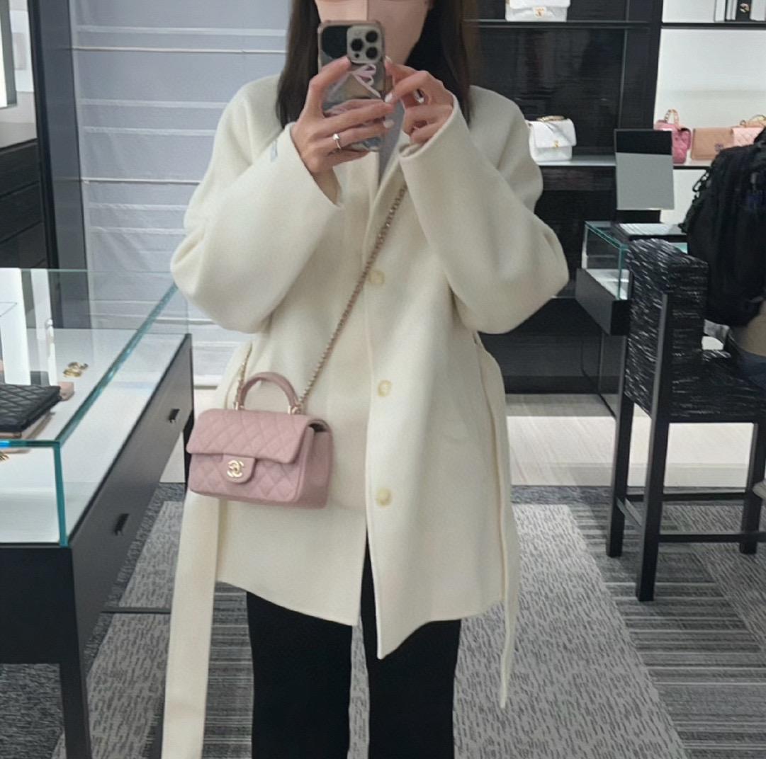 CHANEL 香奈兒 24P春夏款 CF羊皮大𝖬𝗂𝖭𝗂手提包 粉色20cm