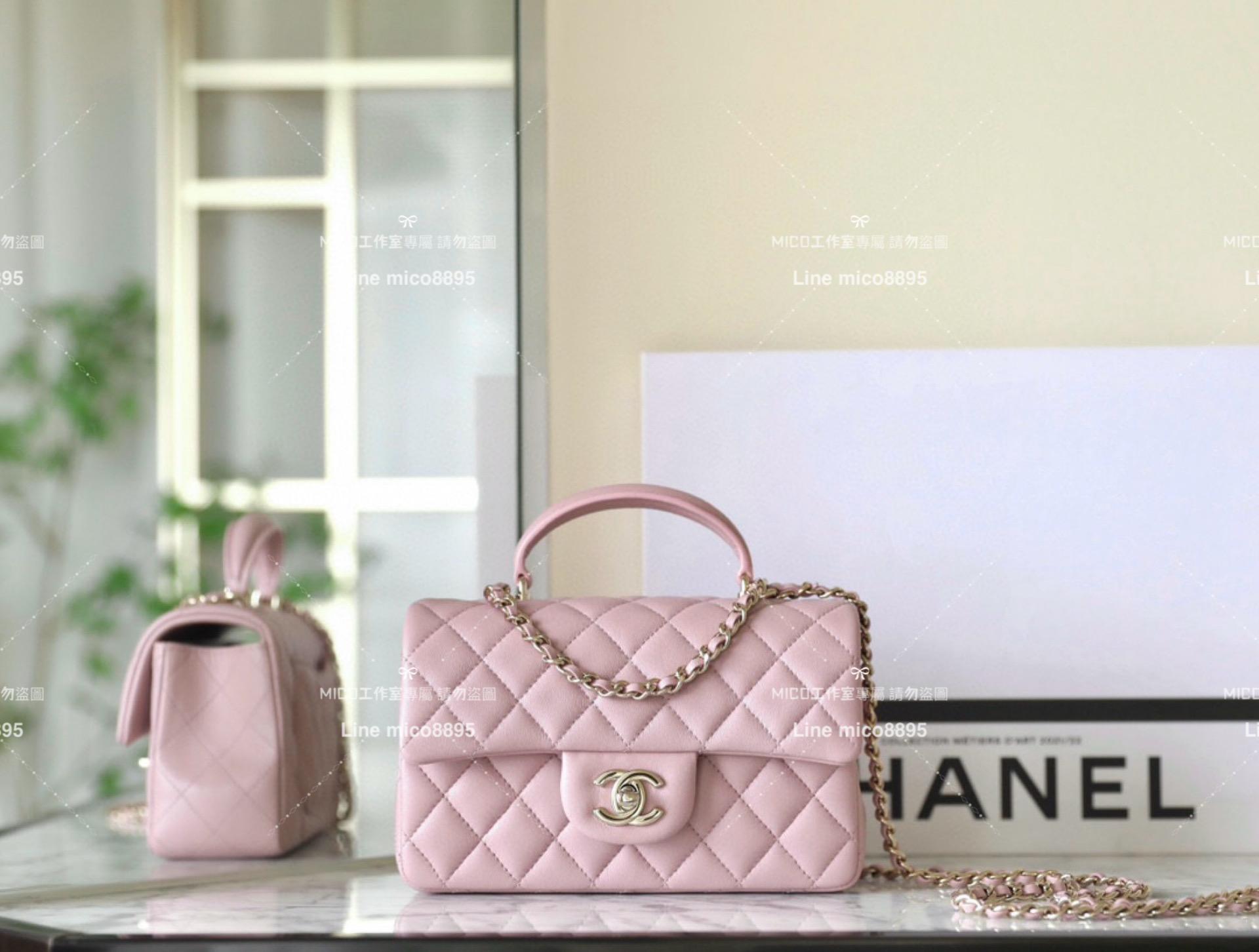 CHANEL 香奈兒 24P春夏款 CF羊皮大𝖬𝗂𝖭𝗂手提包 粉色20cm