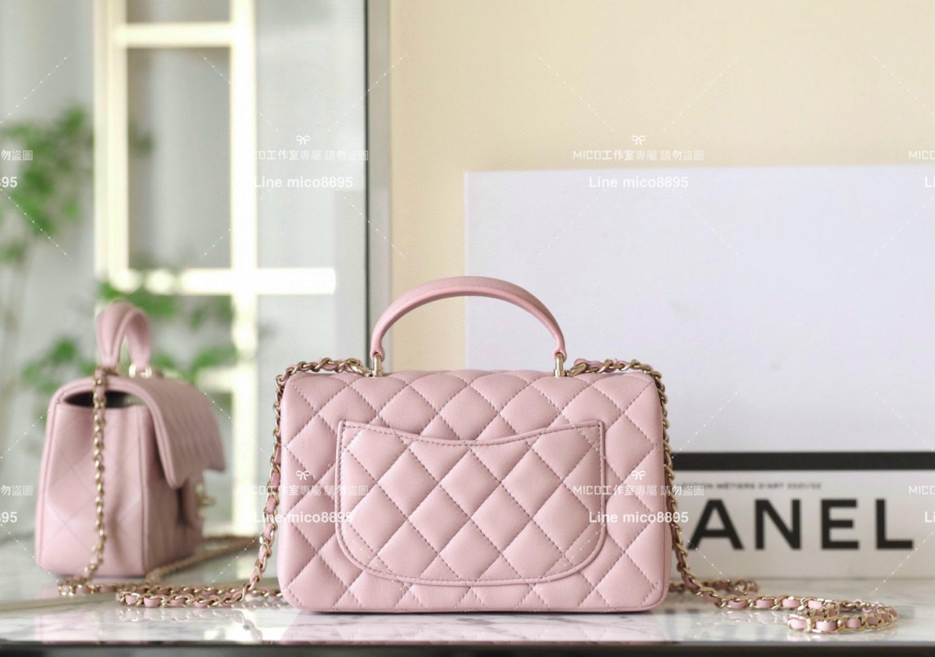 CHANEL 香奈兒 24P春夏款 CF羊皮大𝖬𝗂𝖭𝗂手提包 粉色20cm