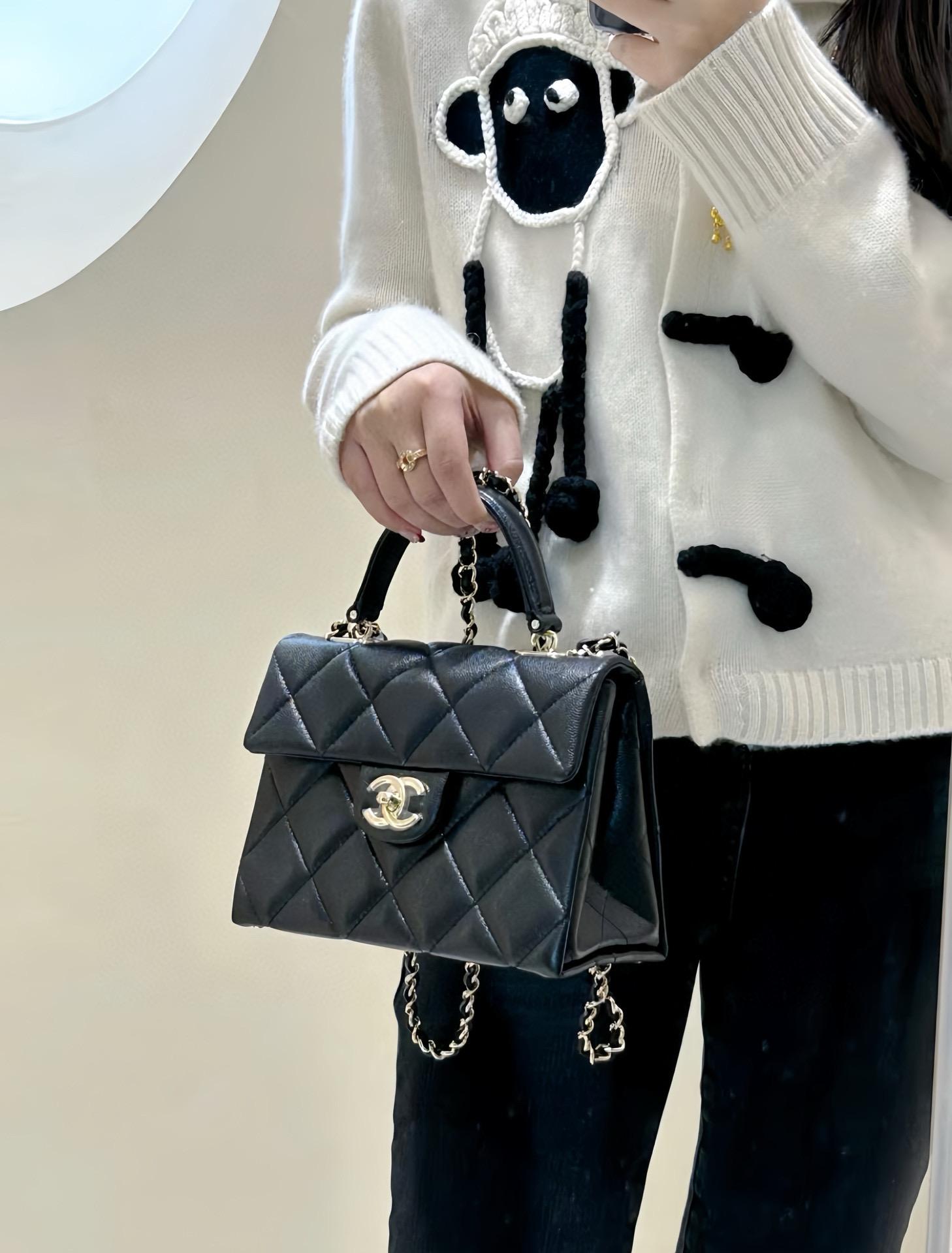 CHANEL 香奈兒 24P春夏 小球紋Kelly Handle bag 黑色牛皮♥小號 21cm