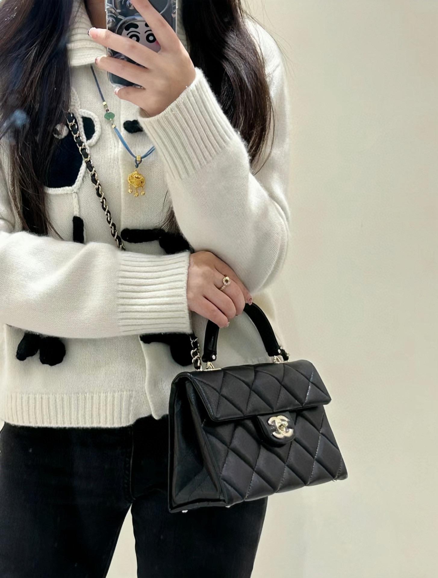 CHANEL 香奈兒 24P春夏 小球紋Kelly Handle bag 黑色牛皮♥小號 21cm