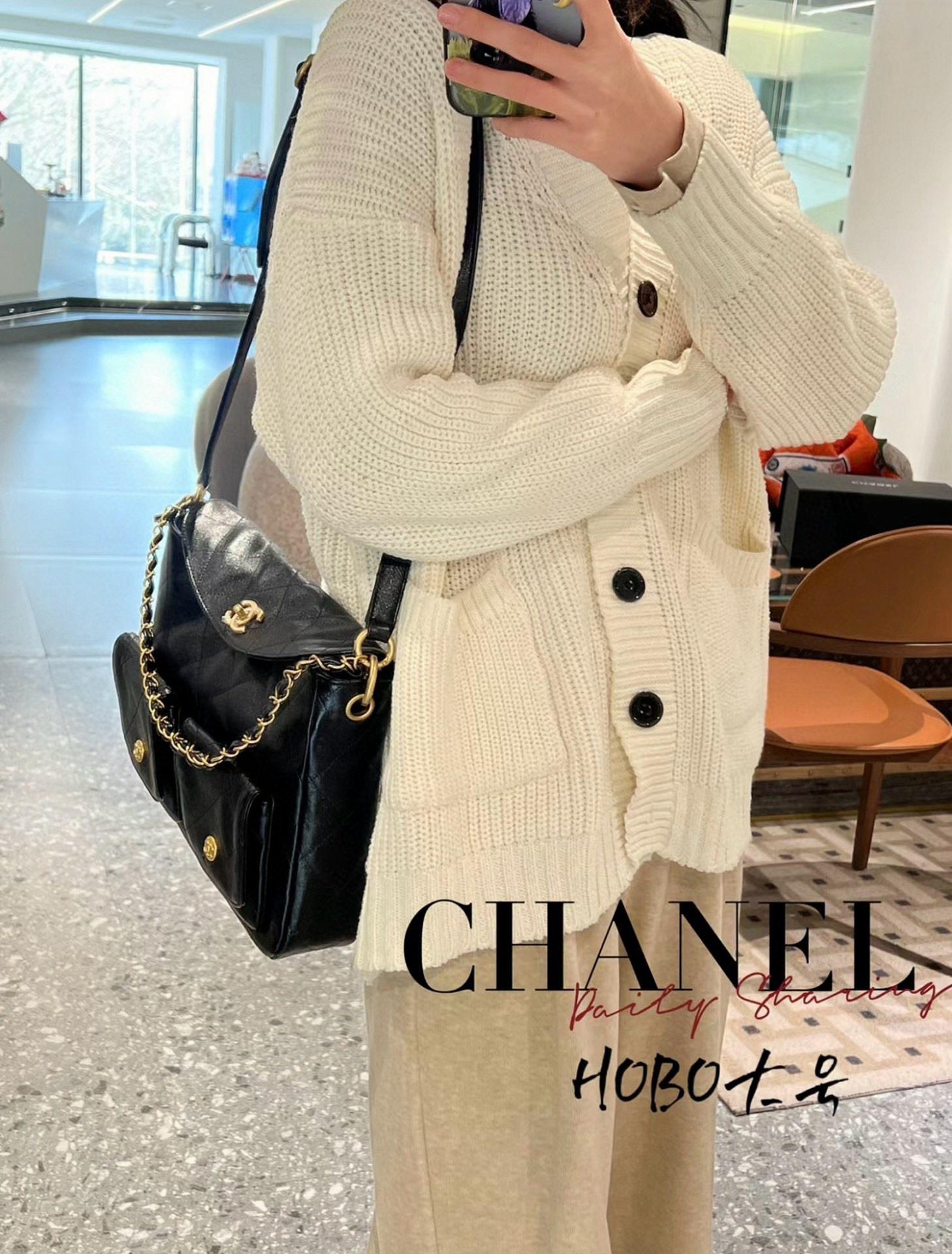 CHANEL 香奈兒 24P 黑色大號 牛皮革 真皮 嬉皮郵差包 24cm