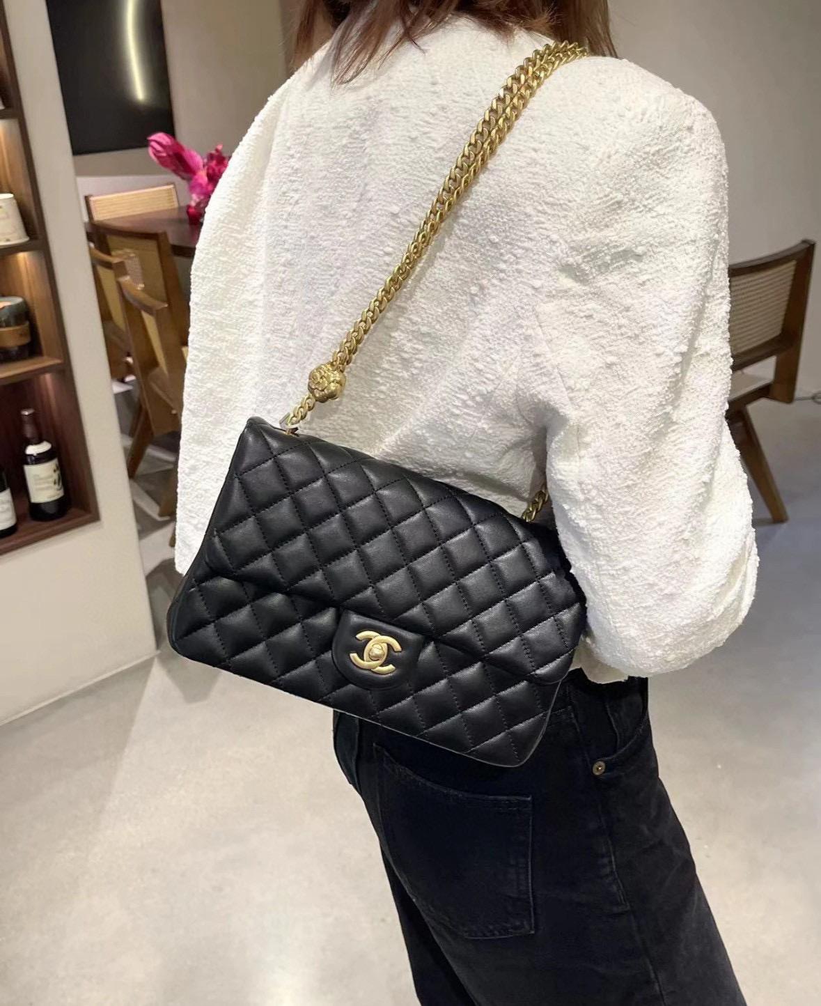 CHANEL 香奈兒 23S春夏 山茶花調節釦 CF小號 小羊皮 黑色➿ 23cm