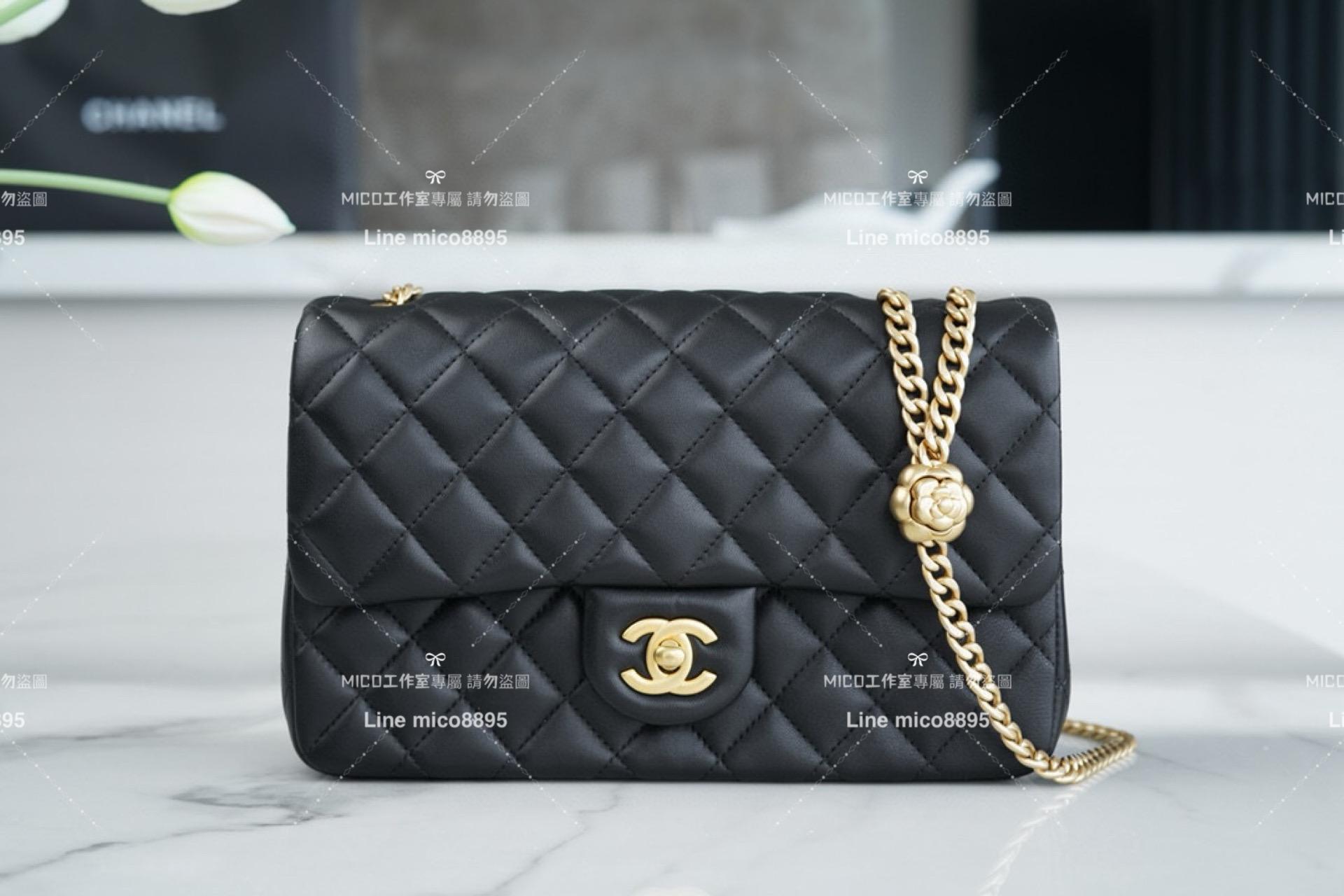 CHANEL 香奈兒 23S春夏 山茶花調節釦 CF小號 小羊皮 黑色➿ 23cm