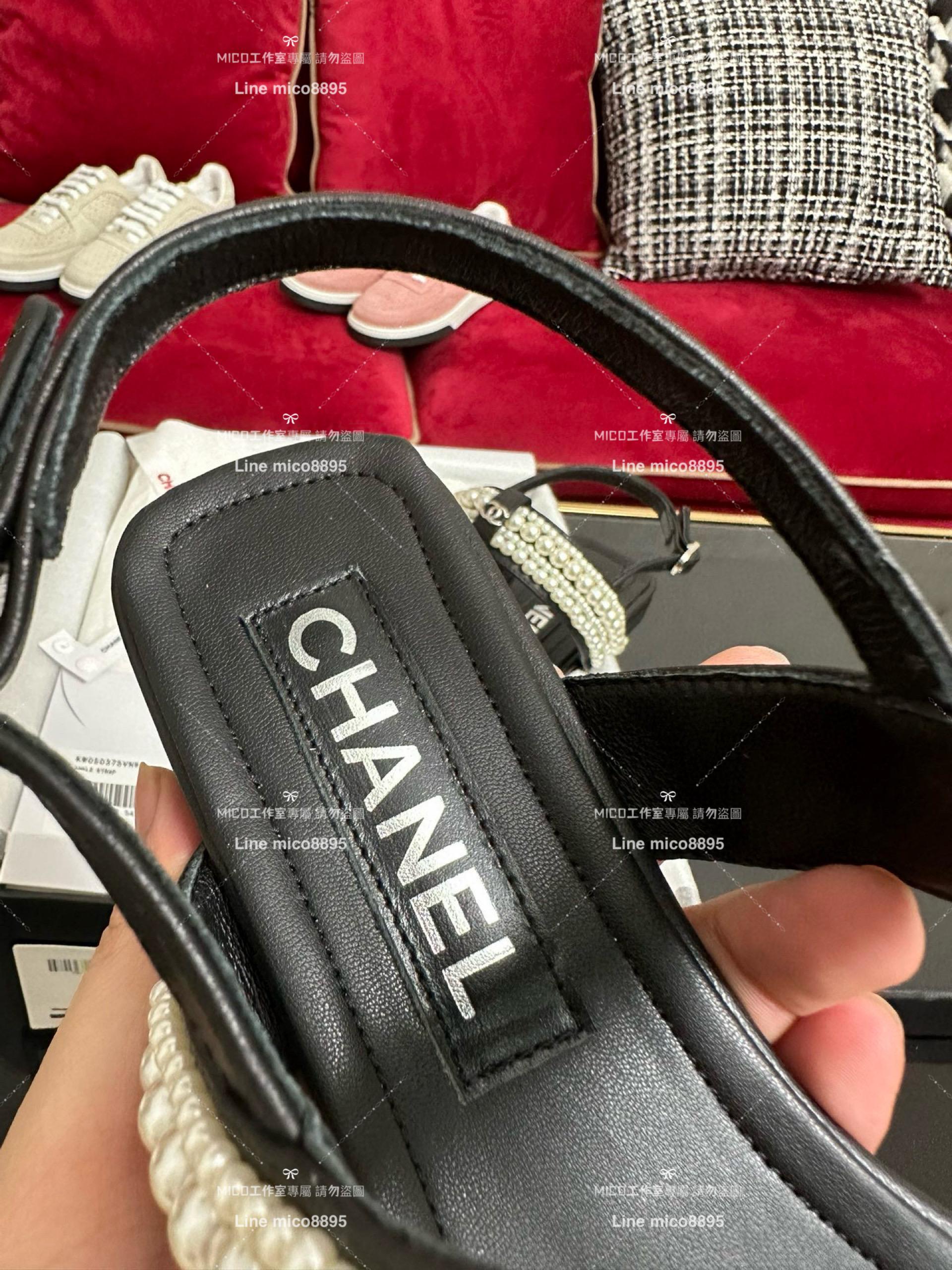 CHANEL 香奈兒 春夏 珍珠單色 黑色真皮夾腳涼鞋 35-40