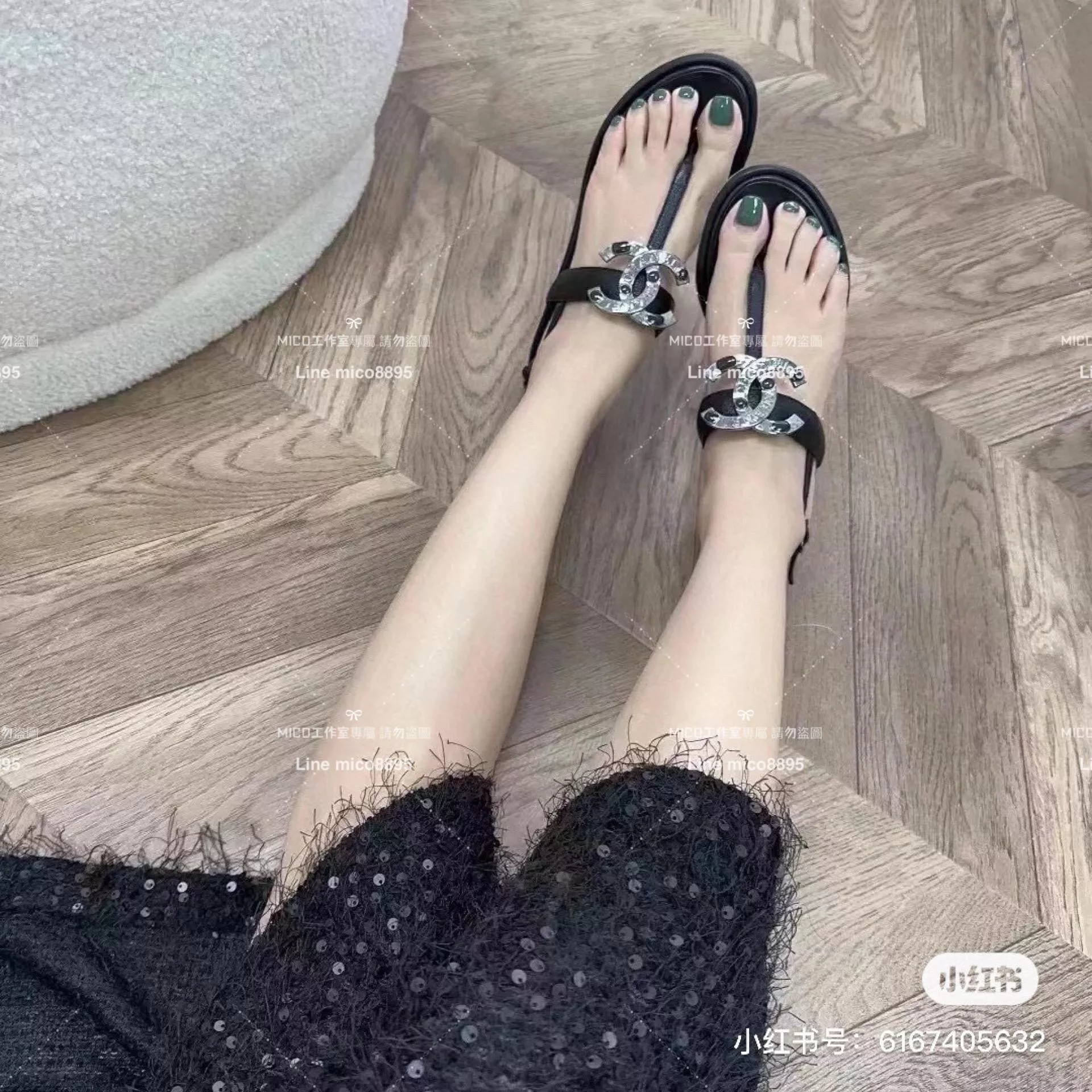 CHANEL 香奈兒 春夏 黑色雙C寶石款 真皮夾腳涼鞋 35-40