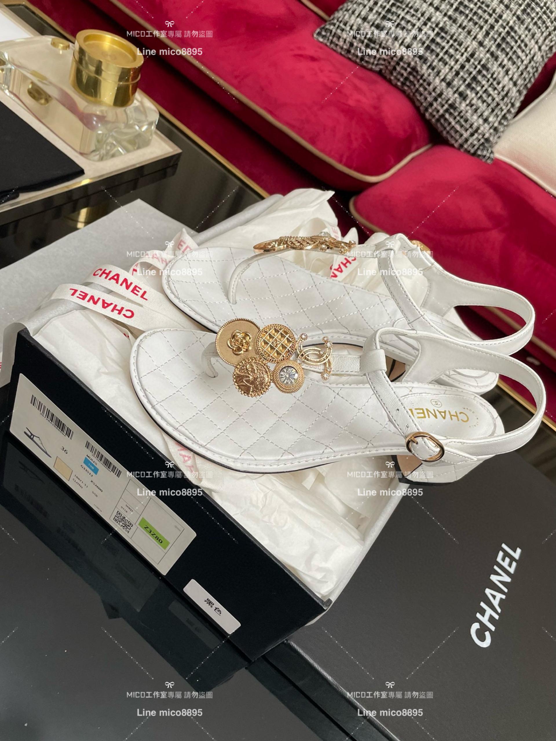 CHANEL 香奈兒 春夏 金幣款白色 真皮夾腳涼鞋 35-40