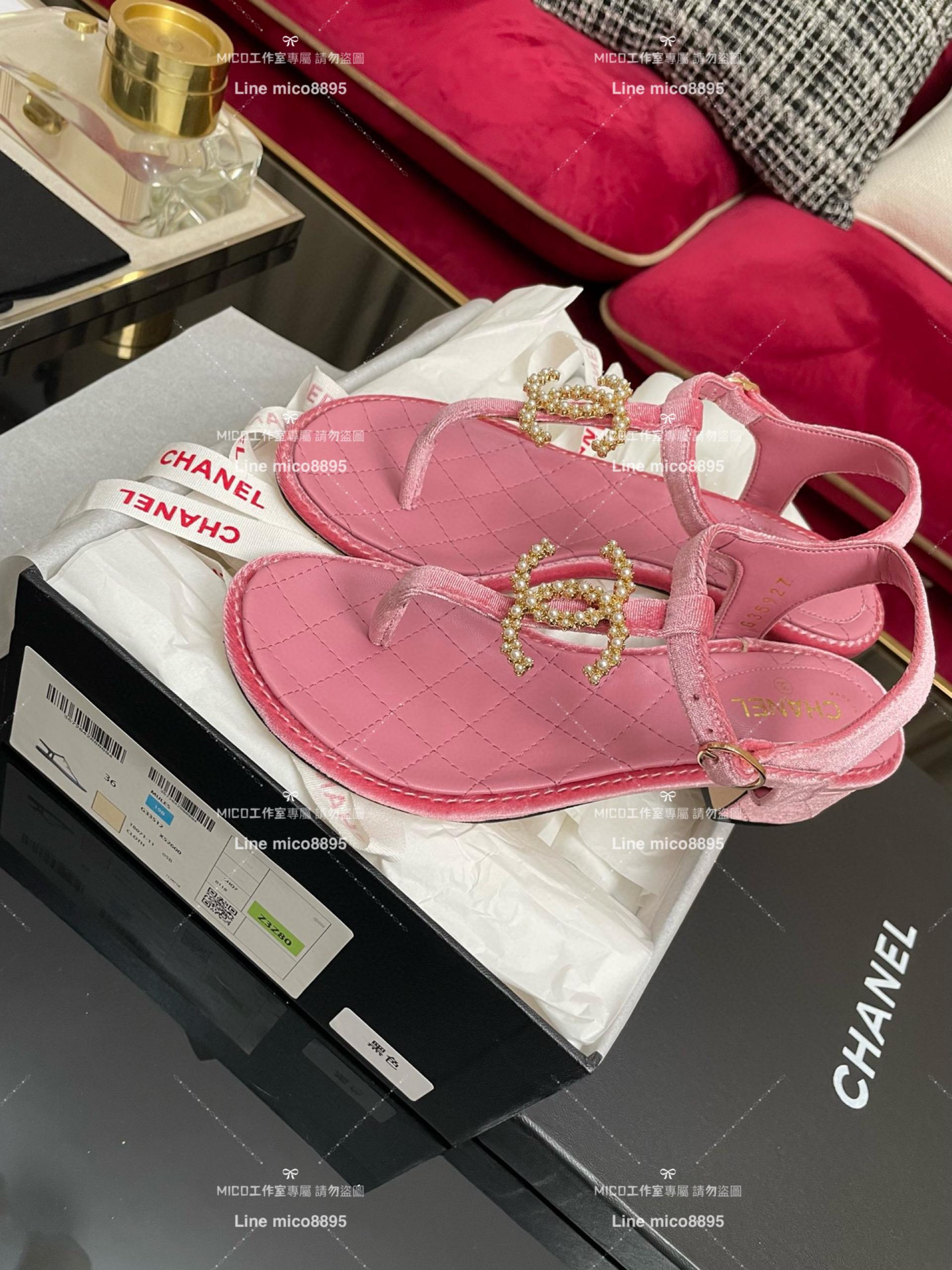 CHANEL 香奈兒 春夏 粉色絨面 大雙C真皮夾腳涼鞋 35-40