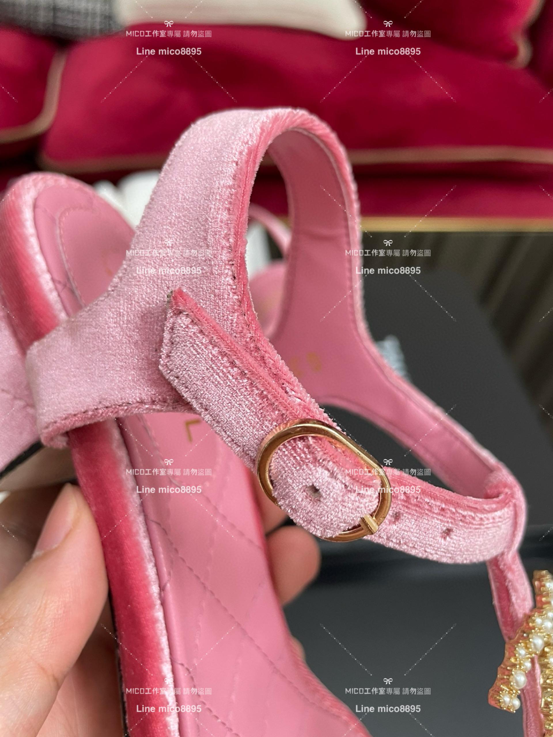 CHANEL 香奈兒 春夏 粉色絨面 大雙C真皮夾腳涼鞋 35-40