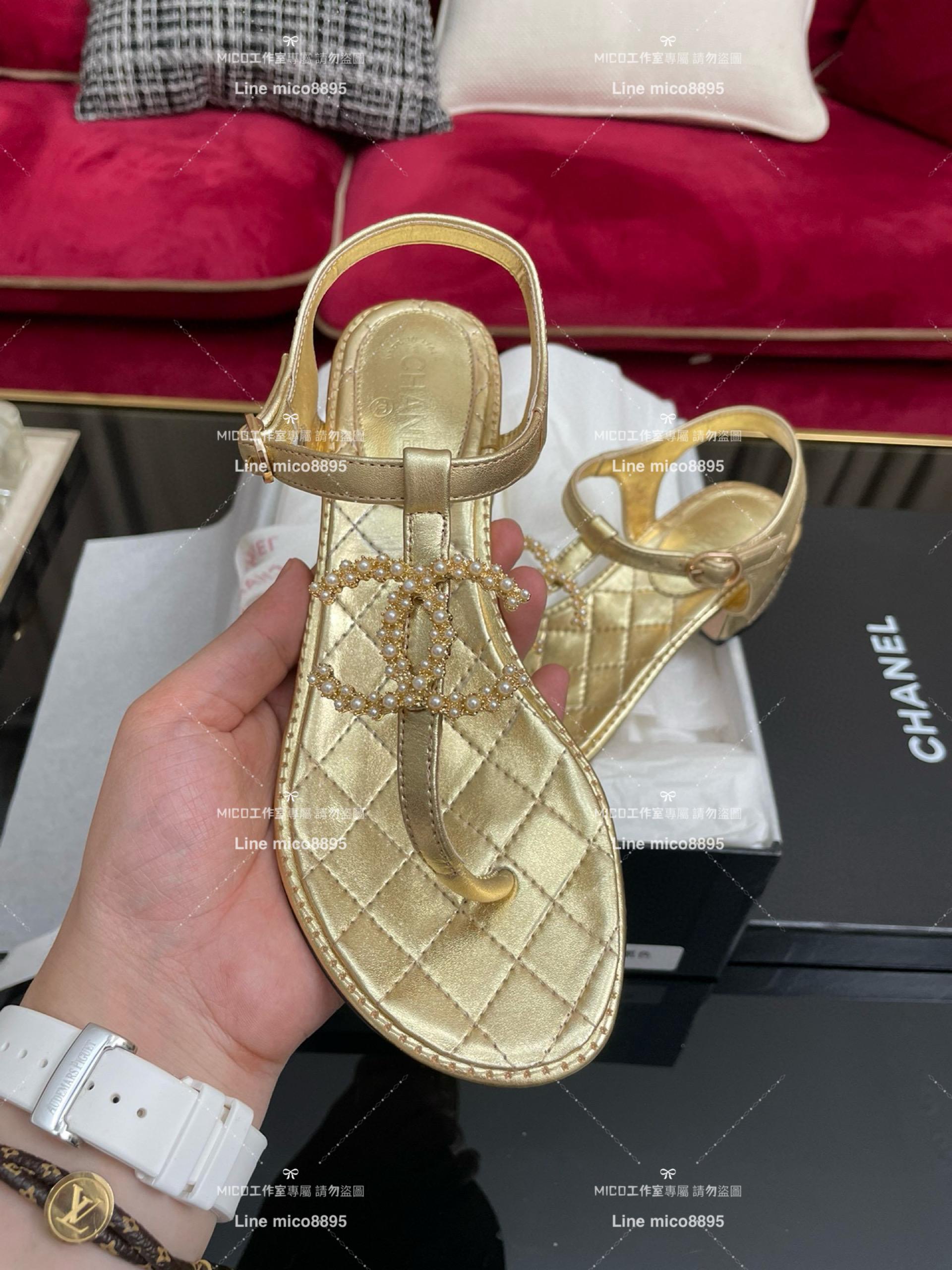 CHANEL 香奈兒 春夏 金色珍珠 大雙C真皮夾腳涼鞋 35-40