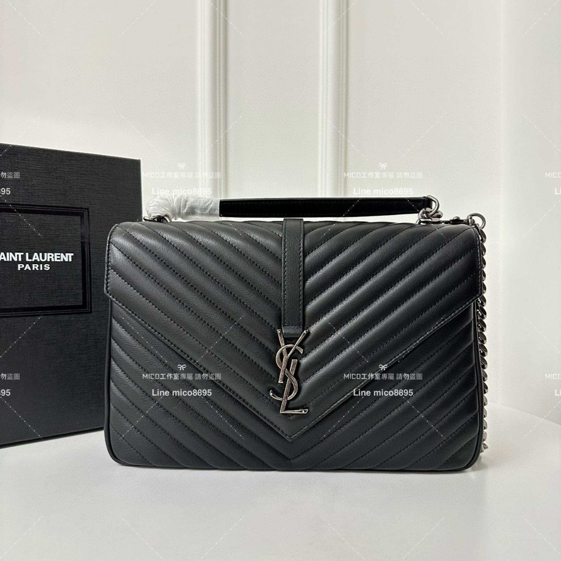 YSL 聖羅蘭 經典款 黑銀 Monogram college 大號郵差包 手提肩背包 32cm