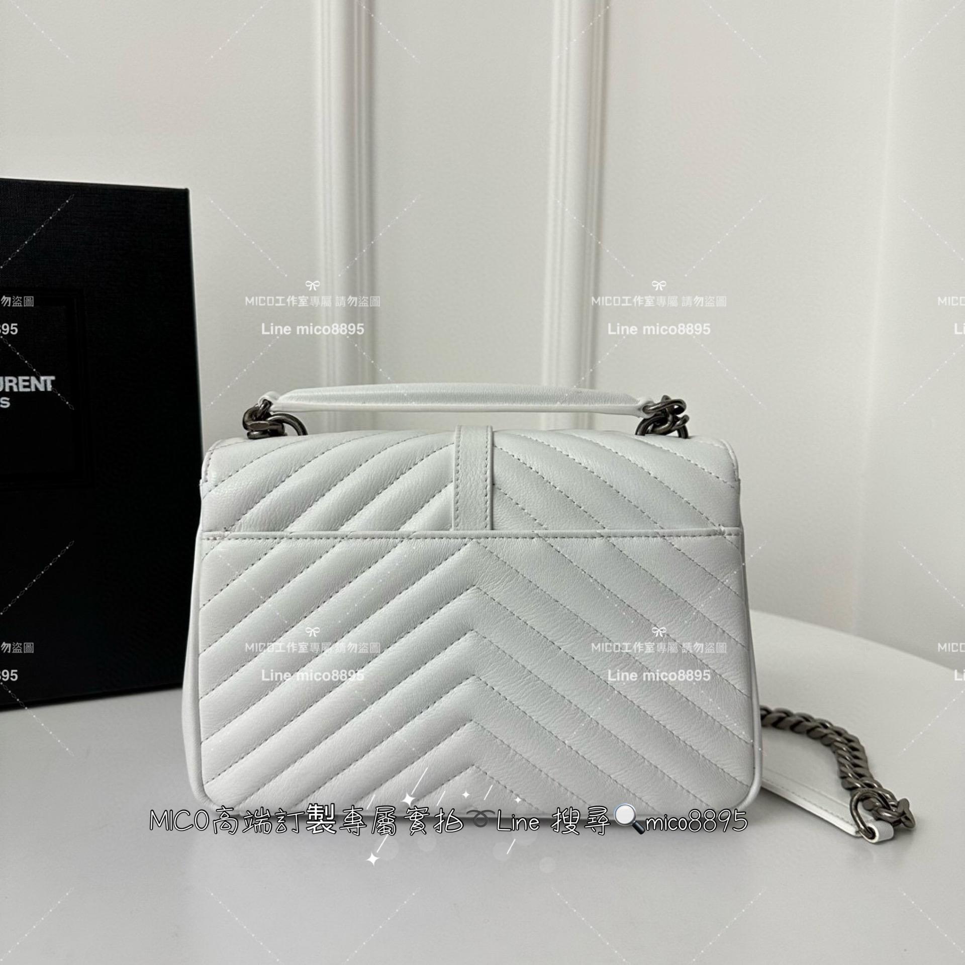 YSL 聖羅蘭 經典款 白色銀釦小號 Monogram college 郵差包 手提肩背包 24cm