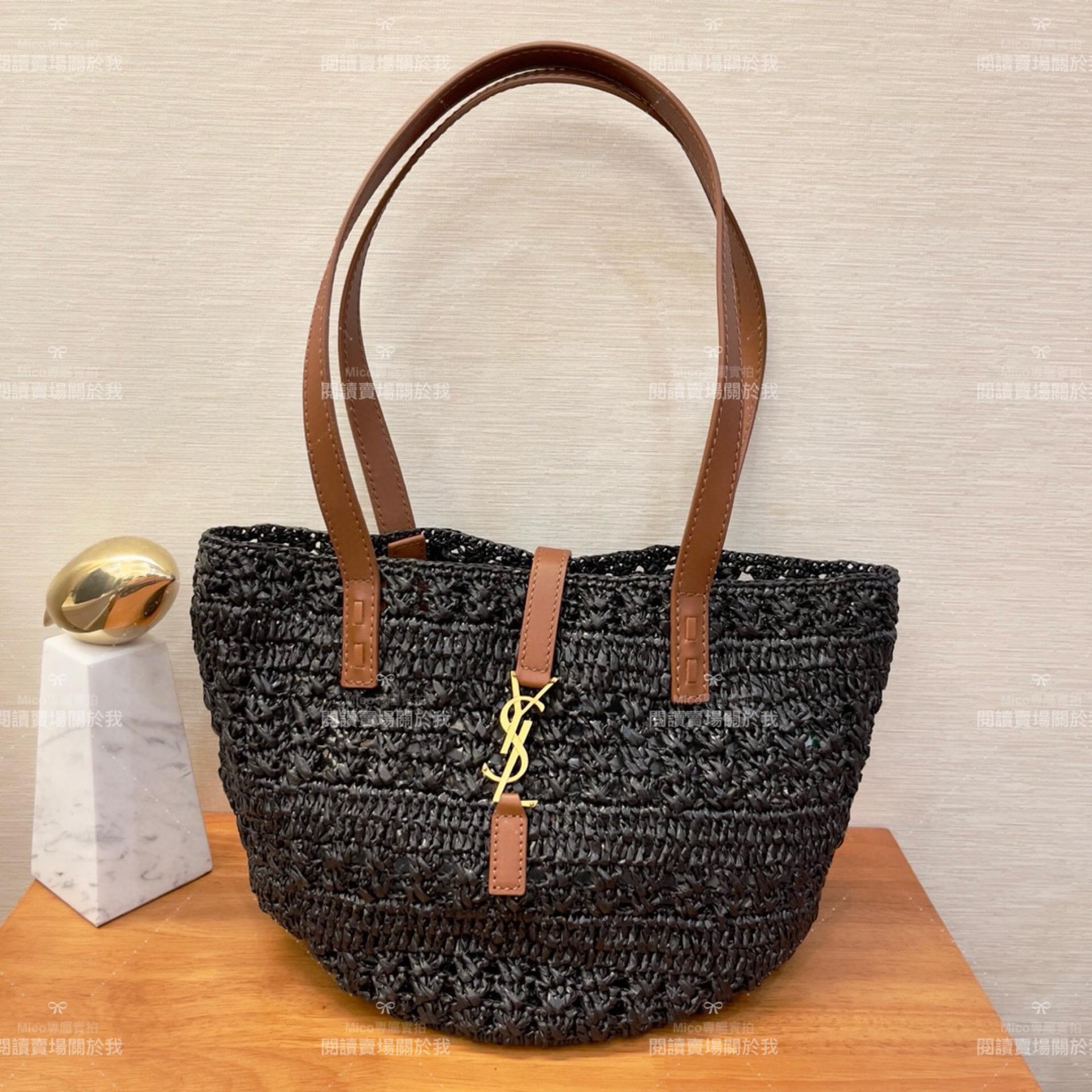 YSL 𝗦𝗮𝗶𝗻𝘁 𝗟𝗮𝘂𝗿𝗲𝗻𝘁 聖羅蘭 小號/黑色 拉菲草編織 Raffia Tote 托特包 38cm