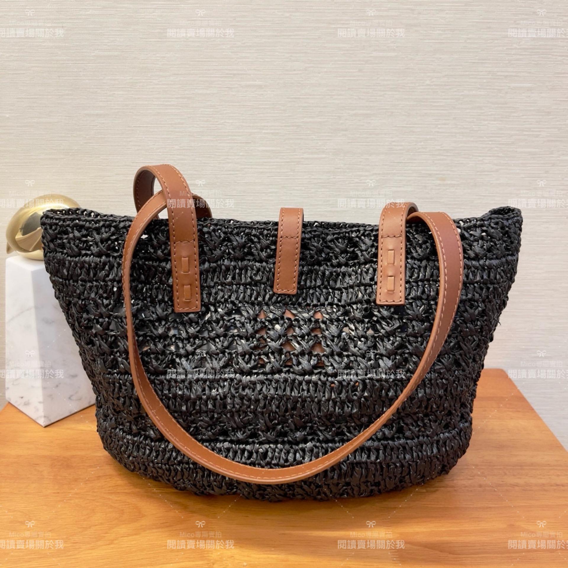 YSL 𝗦𝗮𝗶𝗻𝘁 𝗟𝗮𝘂𝗿𝗲𝗻𝘁 聖羅蘭 小號/黑色 拉菲草編織 Raffia Tote 托特包 38cm