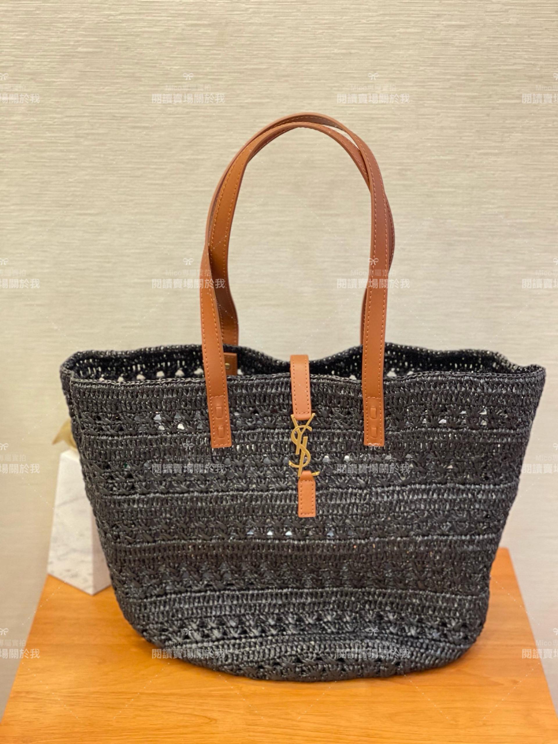 YSL 𝗦𝗮𝗶𝗻𝘁 𝗟𝗮𝘂𝗿𝗲𝗻𝘁 聖羅蘭 大號/黑色 拉菲草編織 Raffia Tote 托特包 48cm