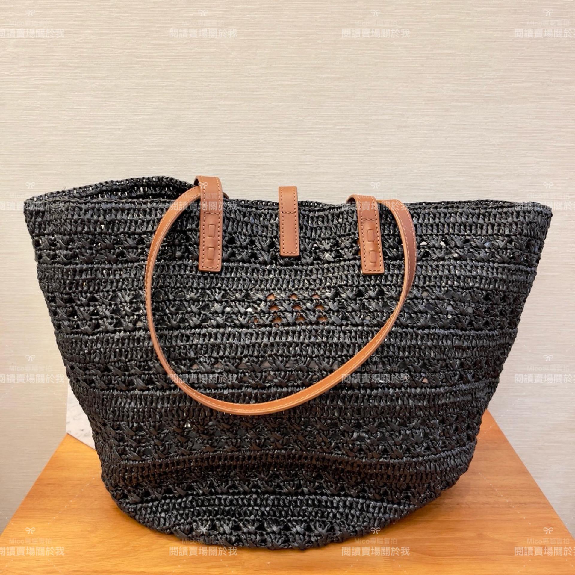 YSL 𝗦𝗮𝗶𝗻𝘁 𝗟𝗮𝘂𝗿𝗲𝗻𝘁 聖羅蘭 大號/黑色 拉菲草編織 Raffia Tote 托特包 48cm