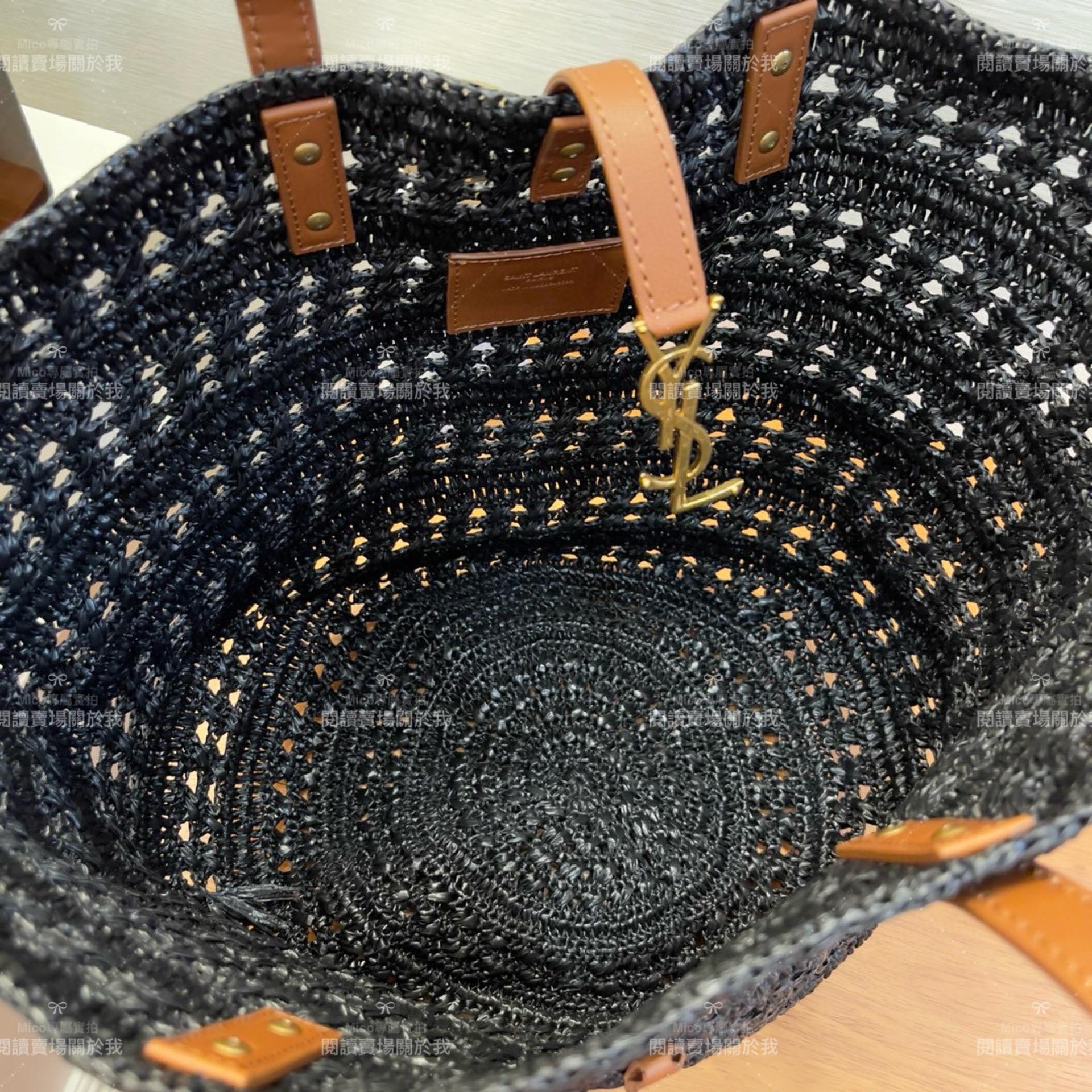 YSL 𝗦𝗮𝗶𝗻𝘁 𝗟𝗮𝘂𝗿𝗲𝗻𝘁 聖羅蘭 大號/黑色 拉菲草編織 Raffia Tote 托特包 48cm