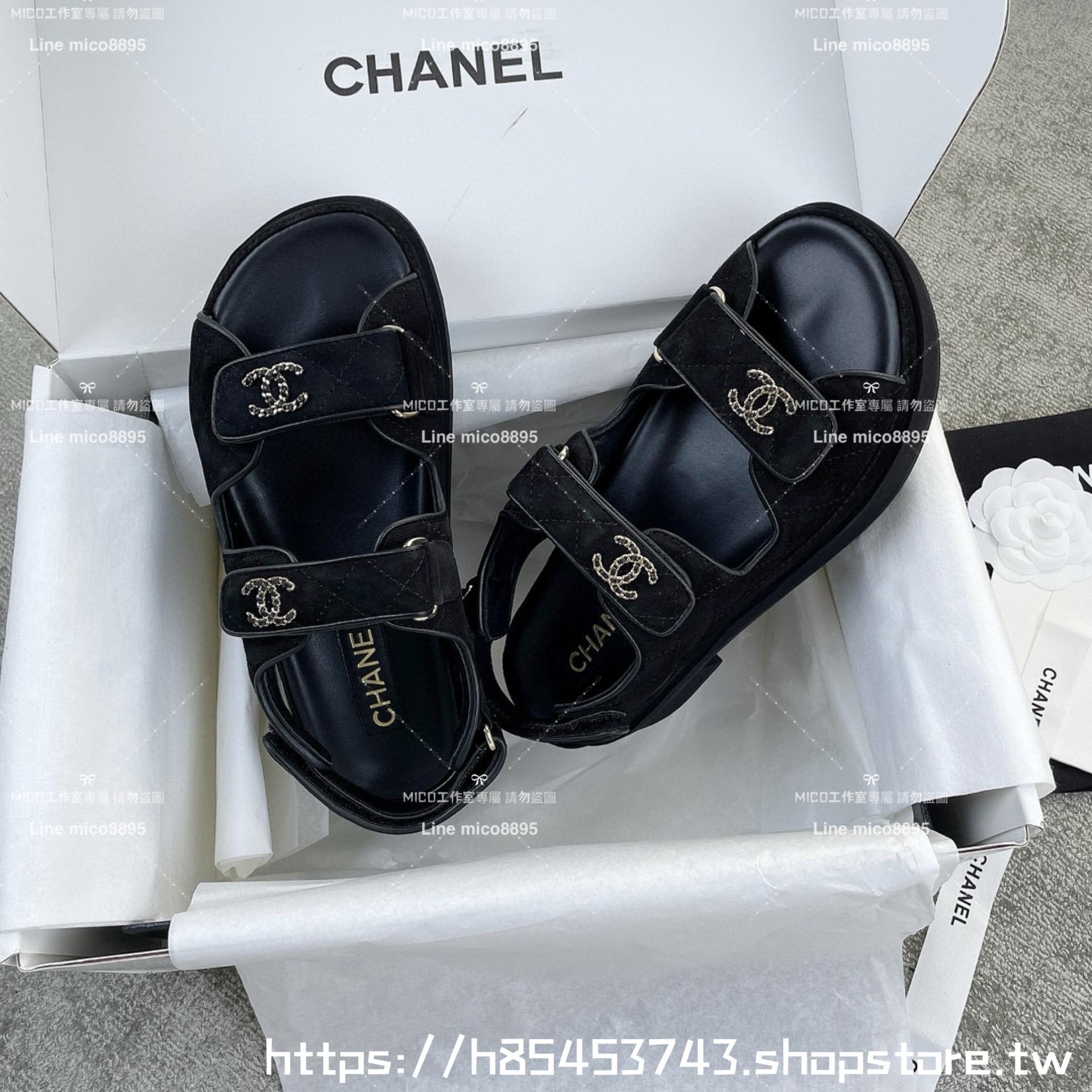 CHANEL 小香 厚底款 絨面黑色厚底涼鞋 魔鬼氈沙灘涼鞋 底厚5cm 35-40