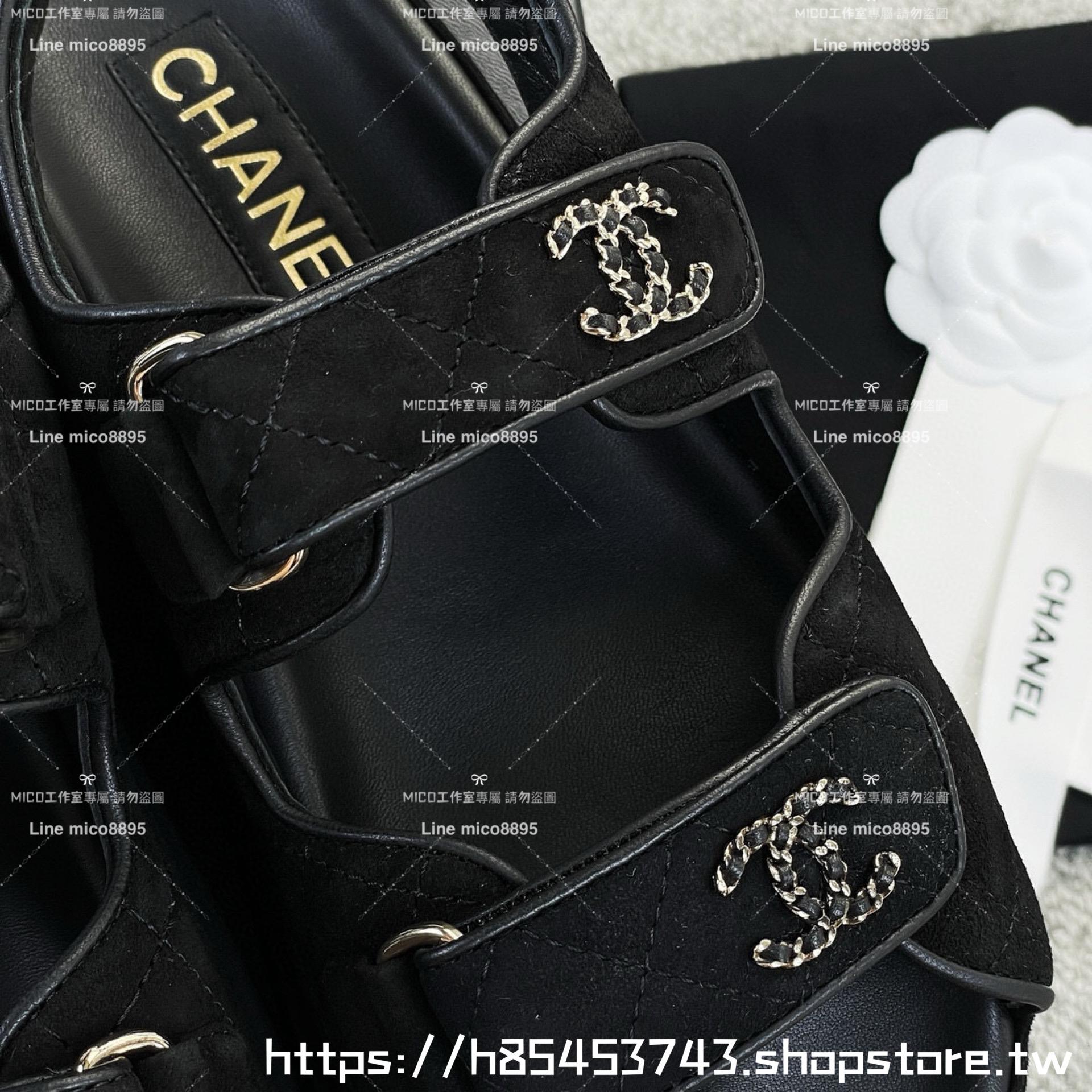 CHANEL 小香 厚底款 絨面黑色厚底涼鞋 魔鬼氈沙灘涼鞋 底厚5cm 35-40