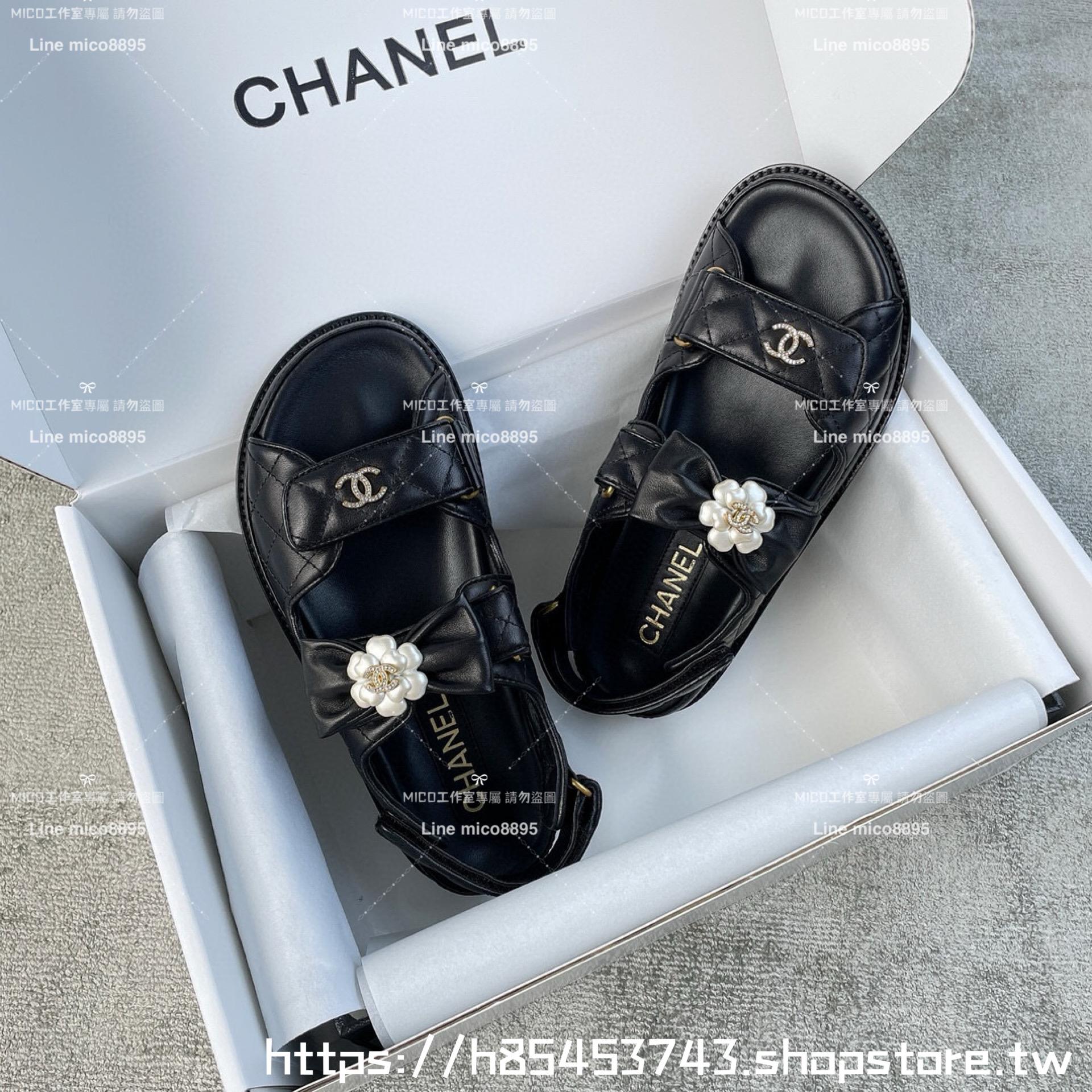 CHANEL 小香 23K新色 小羊皮蝴蝶結魔鬼氈/魔術貼 沙灘涼鞋 35-40