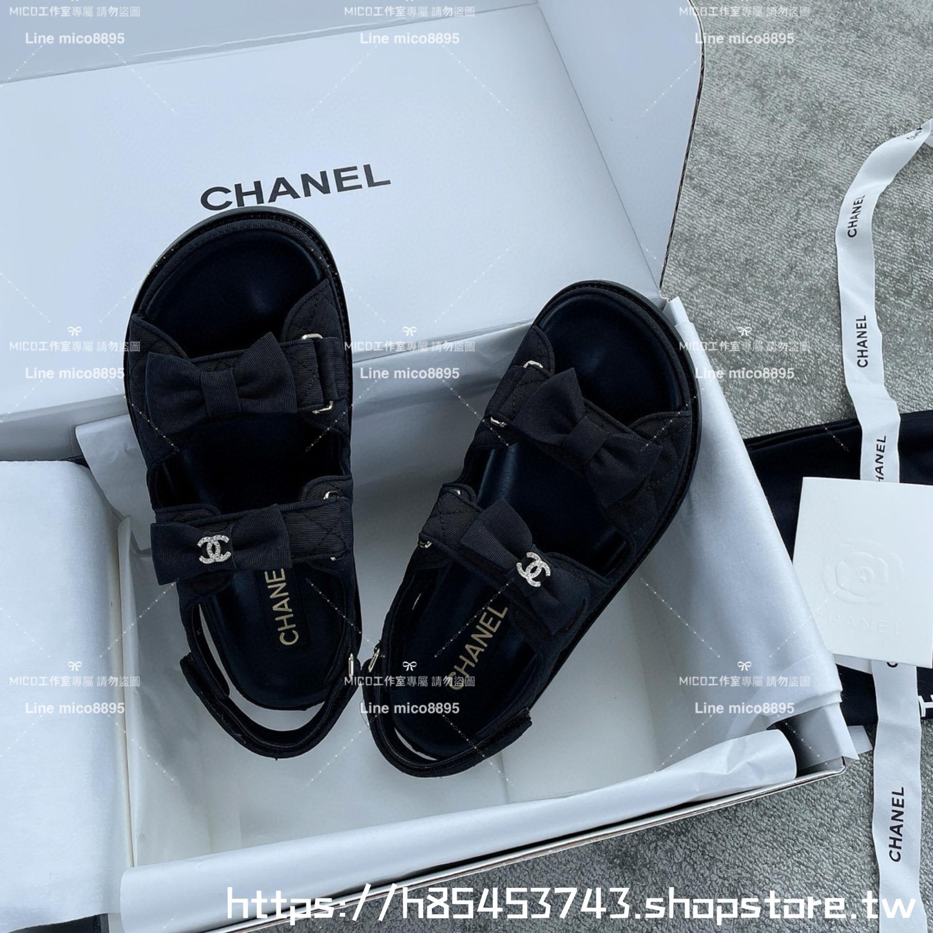 CHANEL 小香 23K新色 布面蝴蝶結魔鬼氈/魔術貼 沙灘涼鞋 35-40