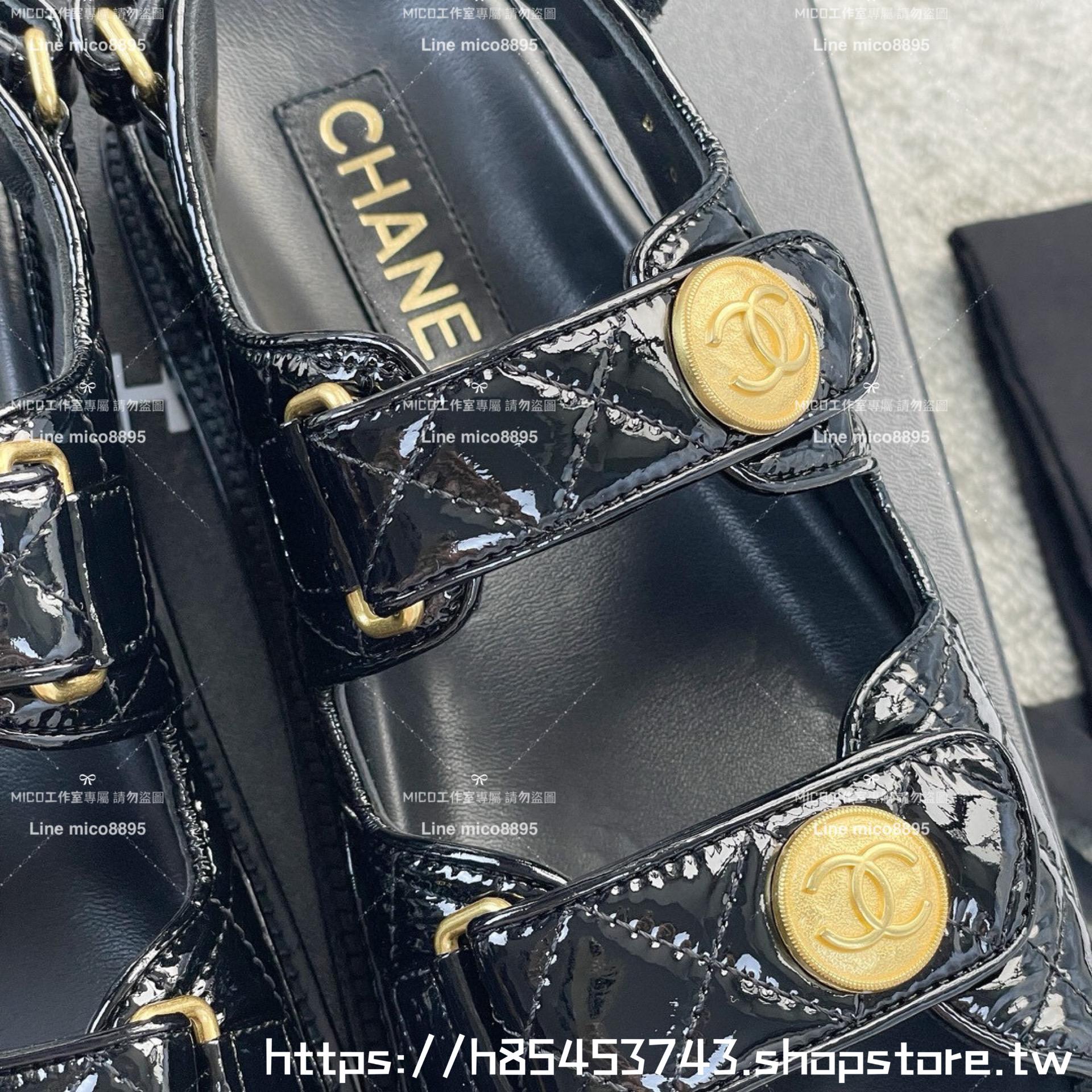 CHANEL 小香 23K新色 金幣漆皮款 魔鬼氈/魔術貼 沙灘涼鞋 35-40