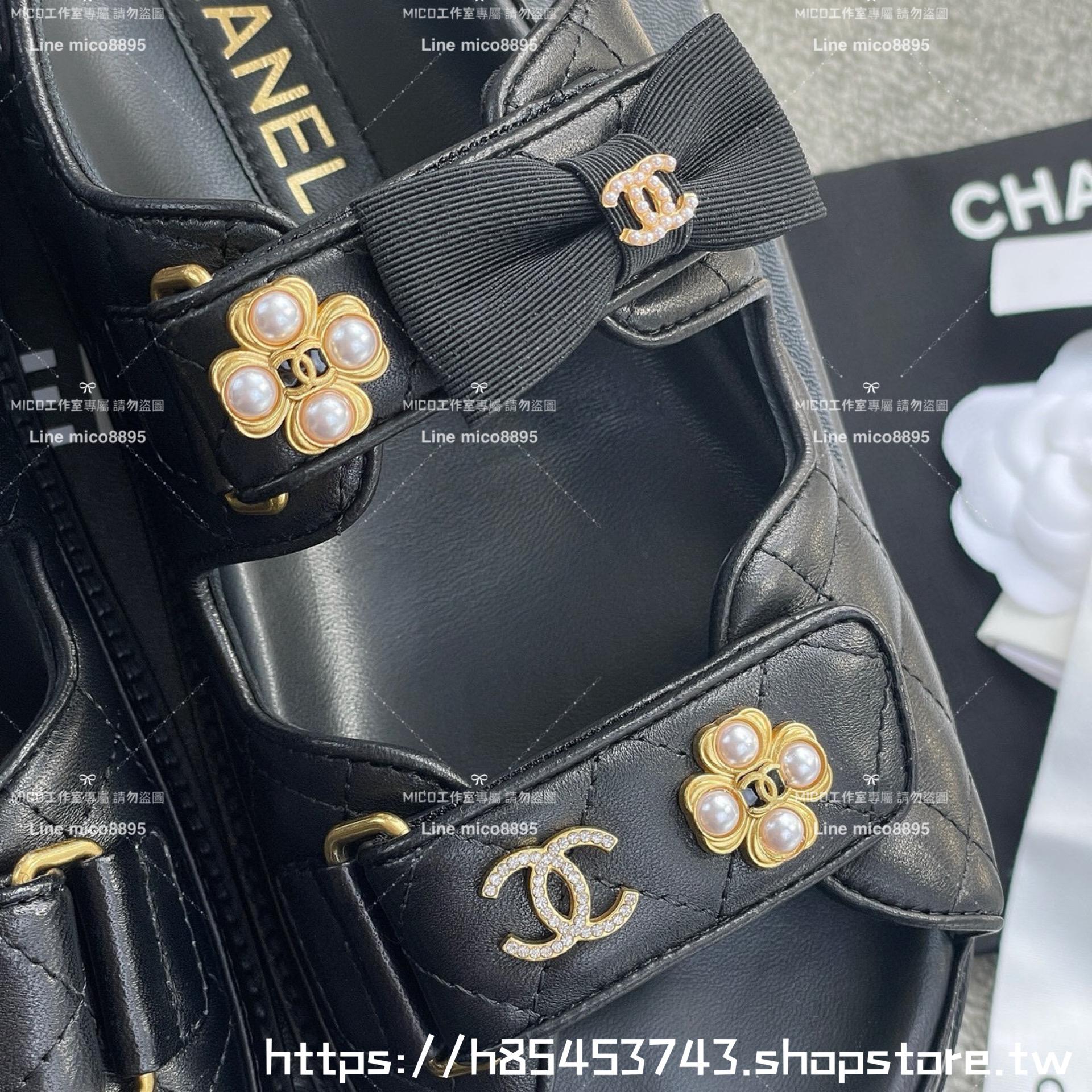 CHANEL 小香 23K新色 金四葉幸運草珍珠釦魔鬼氈/魔術貼 沙灘涼鞋 35-40