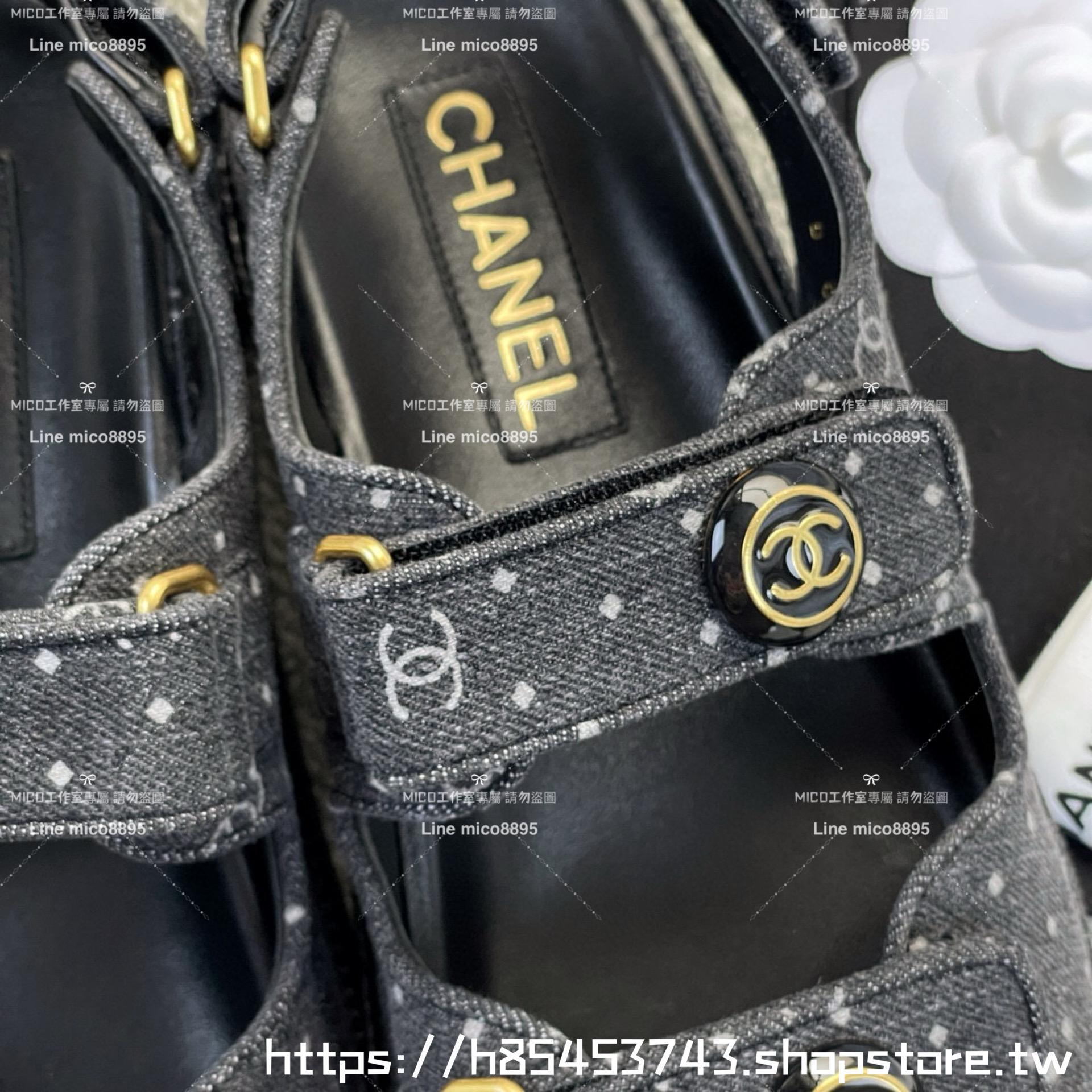 CHANEL 小香 牛仔黑色 丹寧點點 魔鬼氈/魔術貼 沙灘涼鞋 35-40