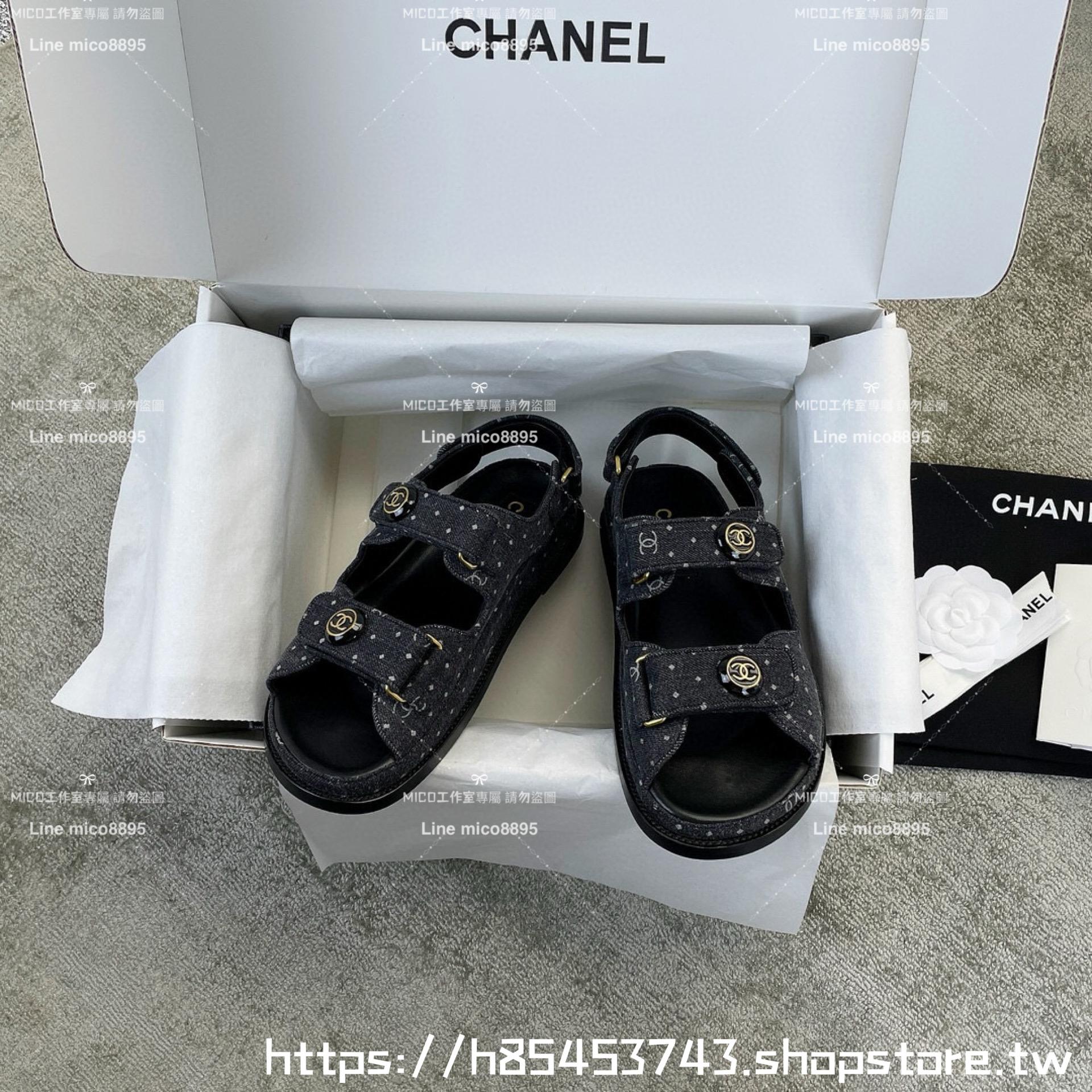 CHANEL 小香 牛仔黑色 丹寧點點 魔鬼氈/魔術貼 沙灘涼鞋 35-40