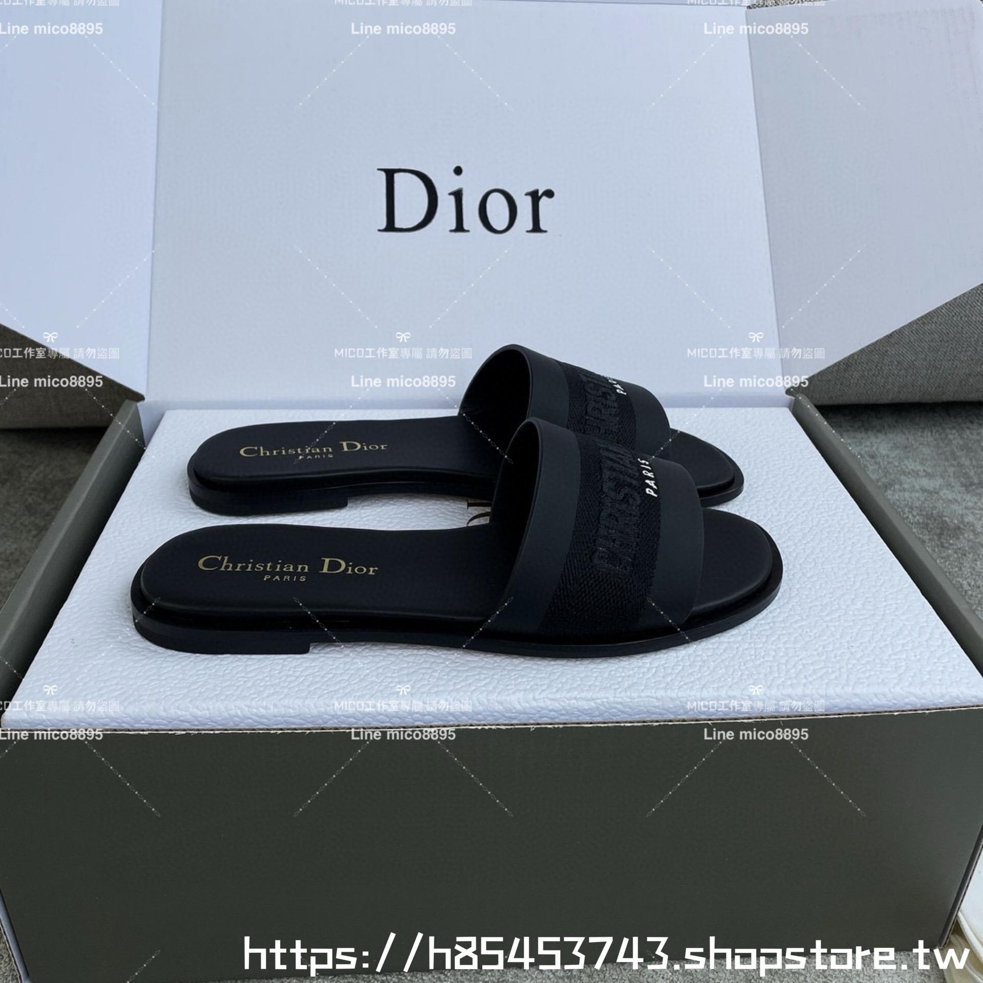 Dior 迪奧 黑色 全皮拼接刺繡平底字母拖鞋 女鞋 鞋碼：35-39 （40 41 42定制不退換）