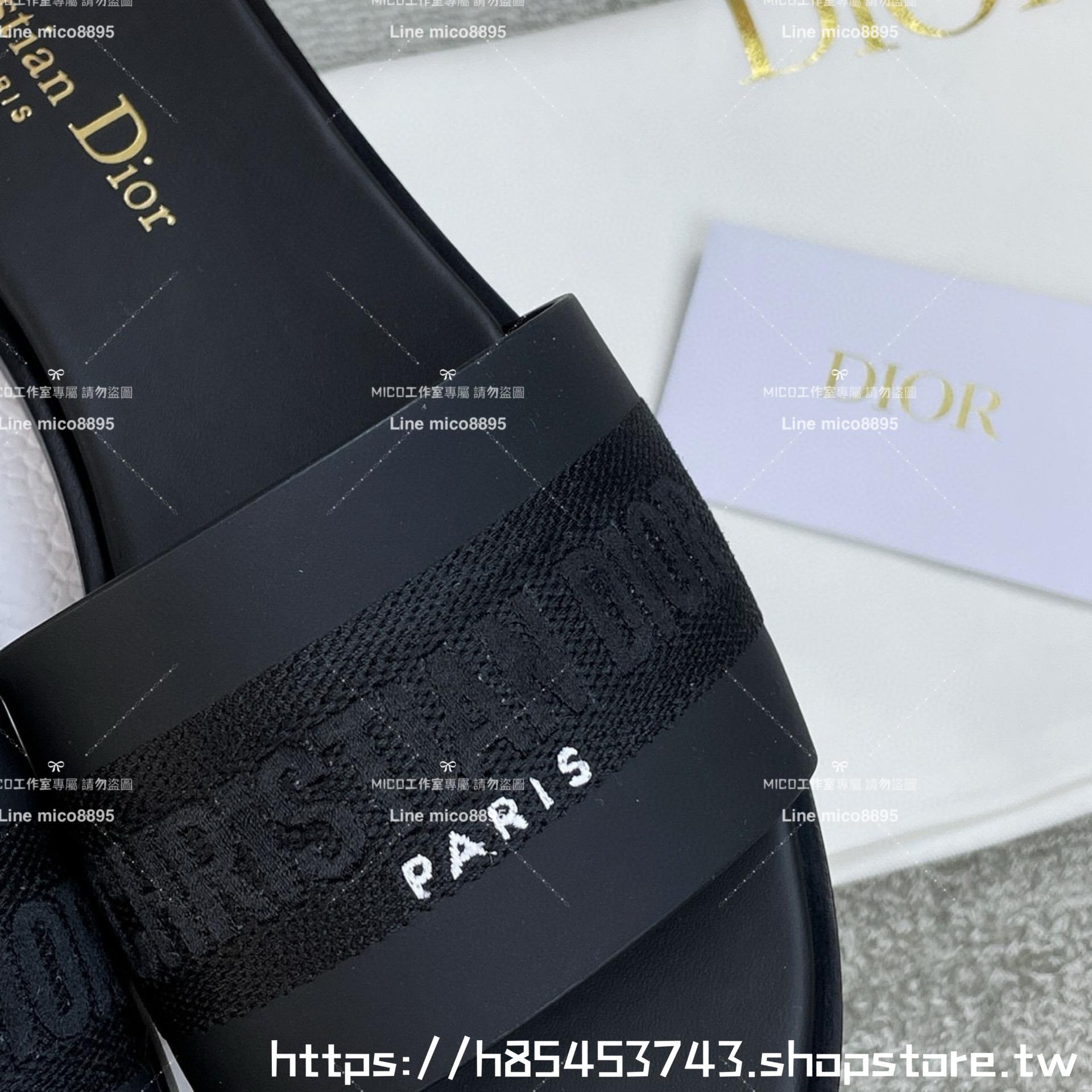 Dior 迪奧 黑色 全皮拼接刺繡平底字母拖鞋 女鞋 鞋碼：35-39 （40 41 42定制不退換）