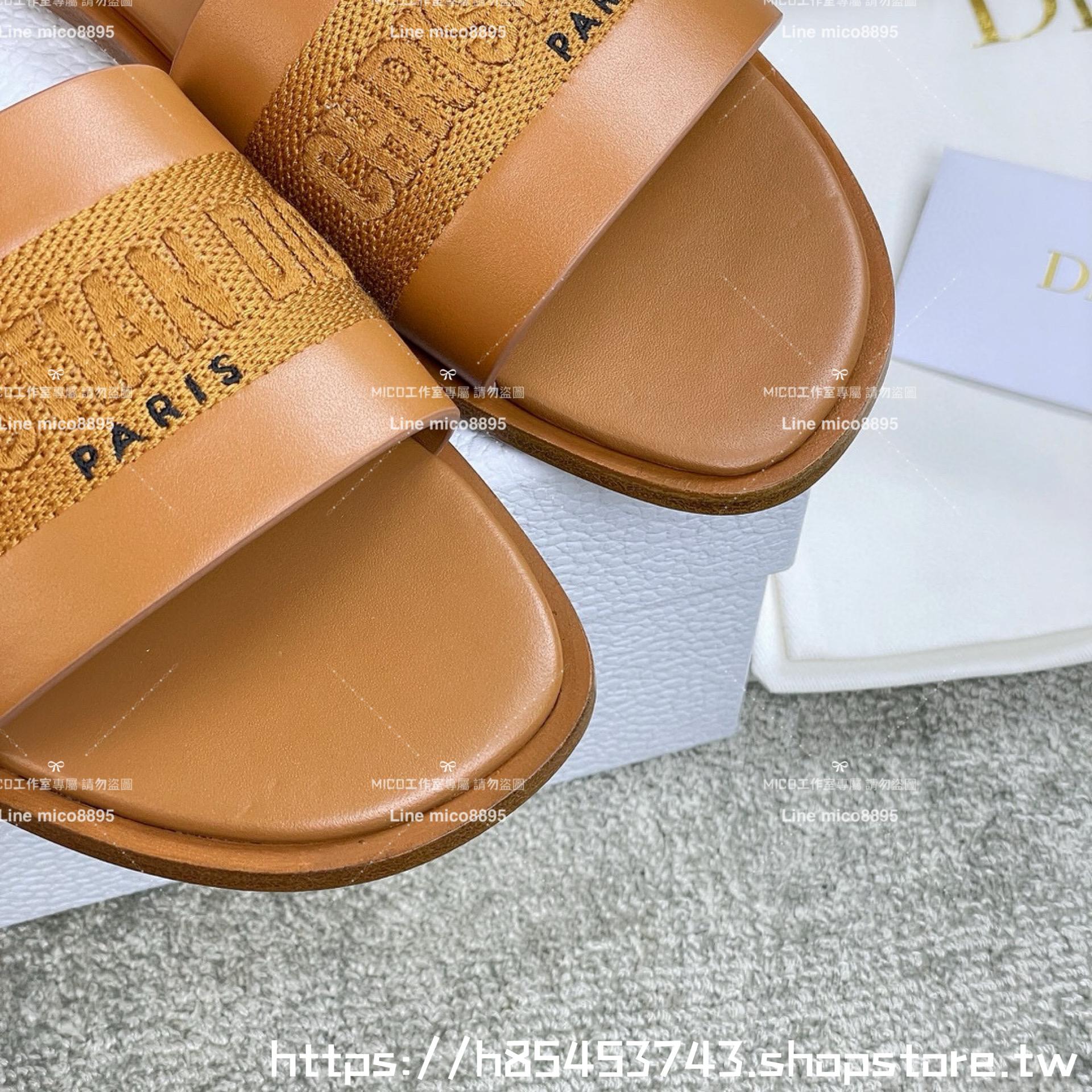 Dior 迪奧 焦糖色 全皮拼接刺繡平底字母拖鞋 女鞋 鞋碼：35-39 （40 41 42定制不退換）