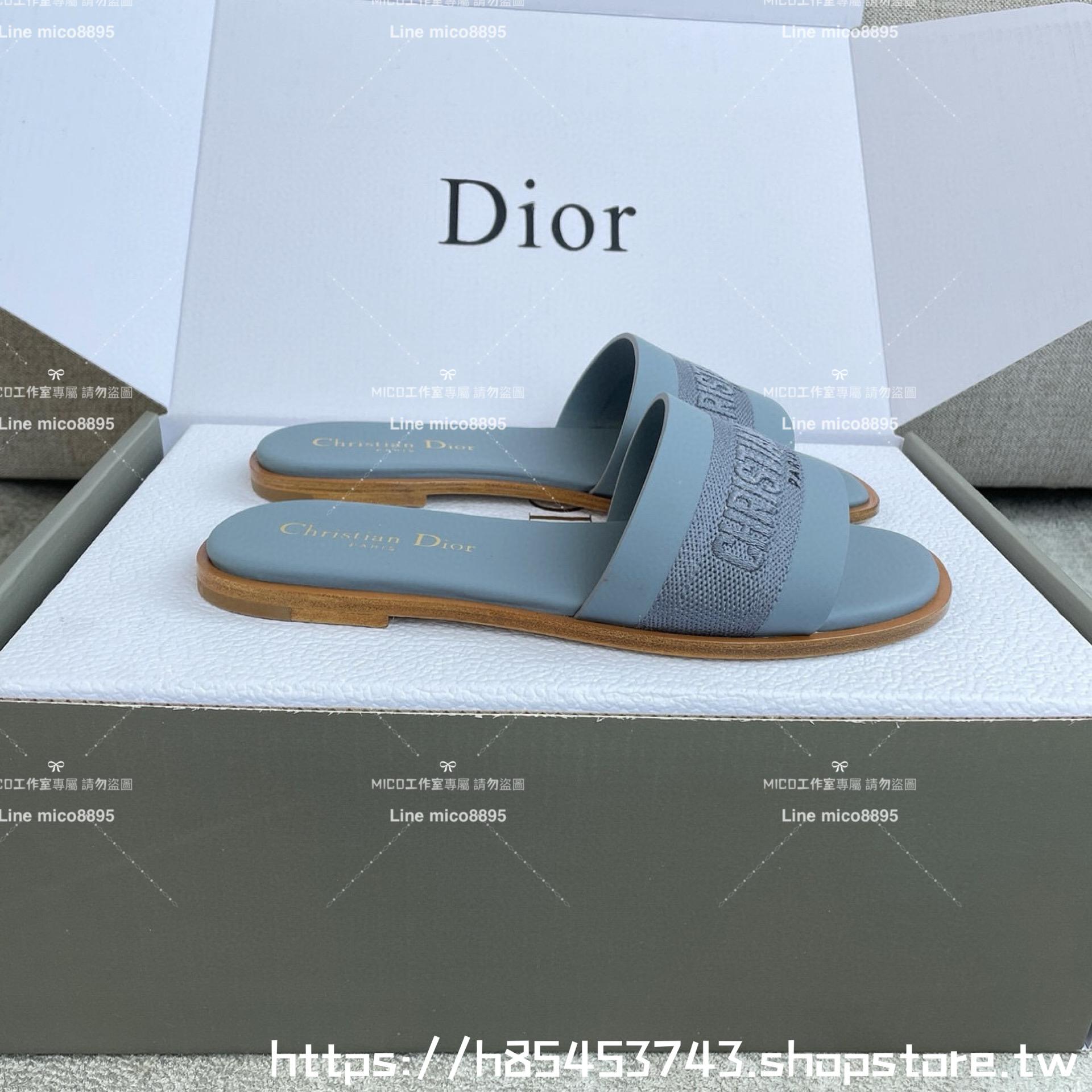 Dior 迪奧 藍色 全皮拼接刺繡平底字母拖鞋 女鞋 鞋碼：35-39 （40 41 42定制不退換）