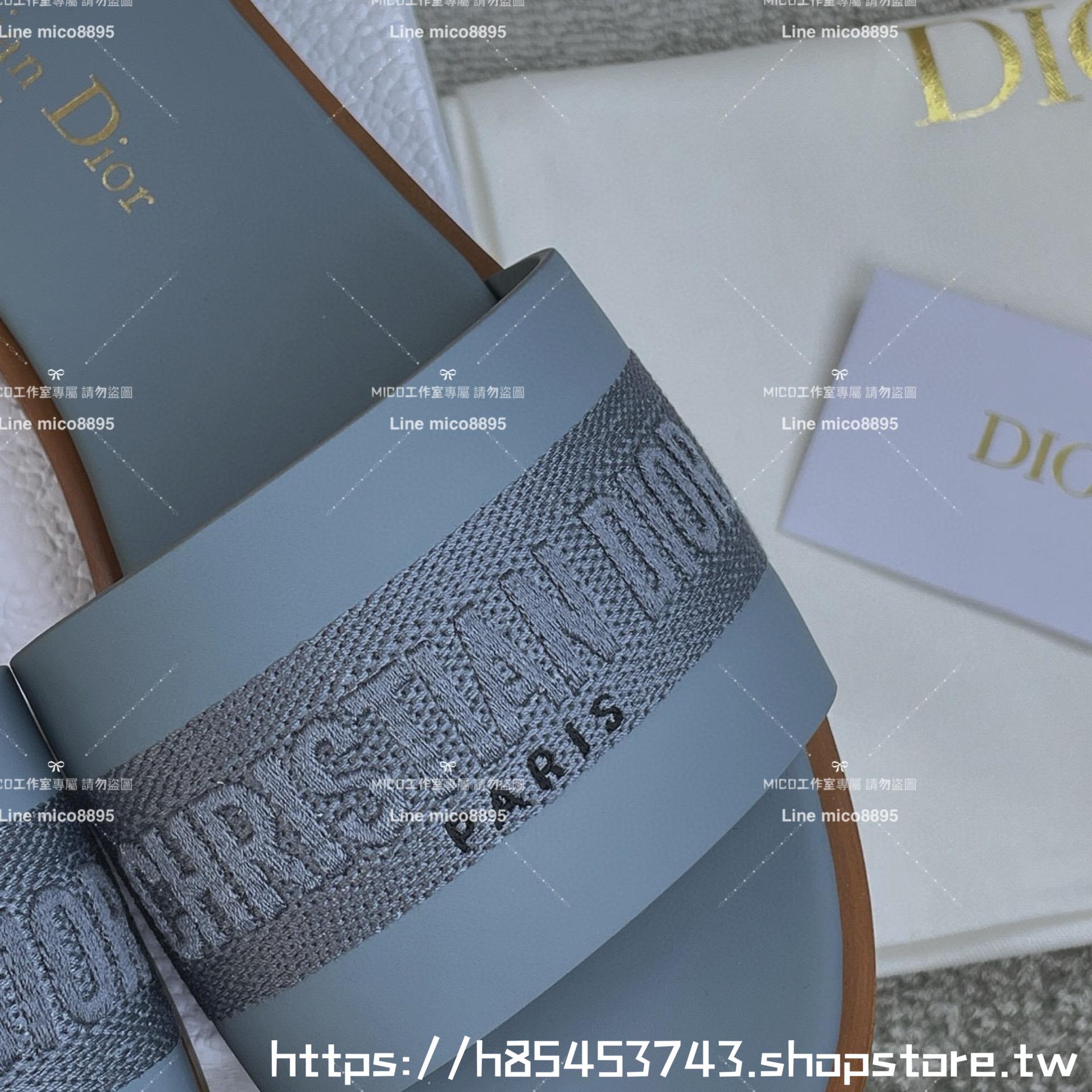 Dior 迪奧 藍色 全皮拼接刺繡平底字母拖鞋 女鞋 鞋碼：35-39 （40 41 42定制不退換）