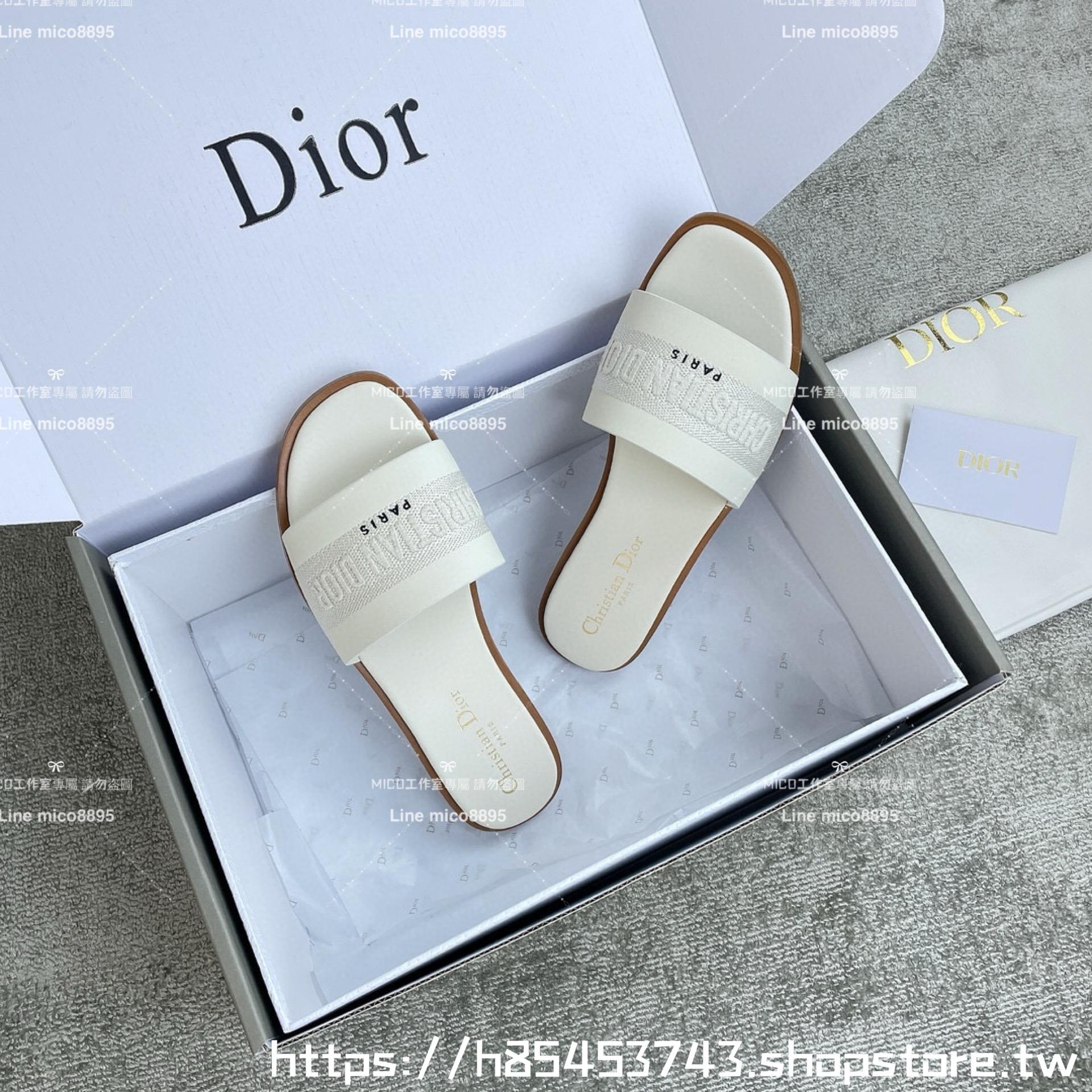 Dior 迪奧 白色全皮拼接刺繡平底字母拖鞋 女鞋 鞋碼：35-39 （40 41 42定制不退換）