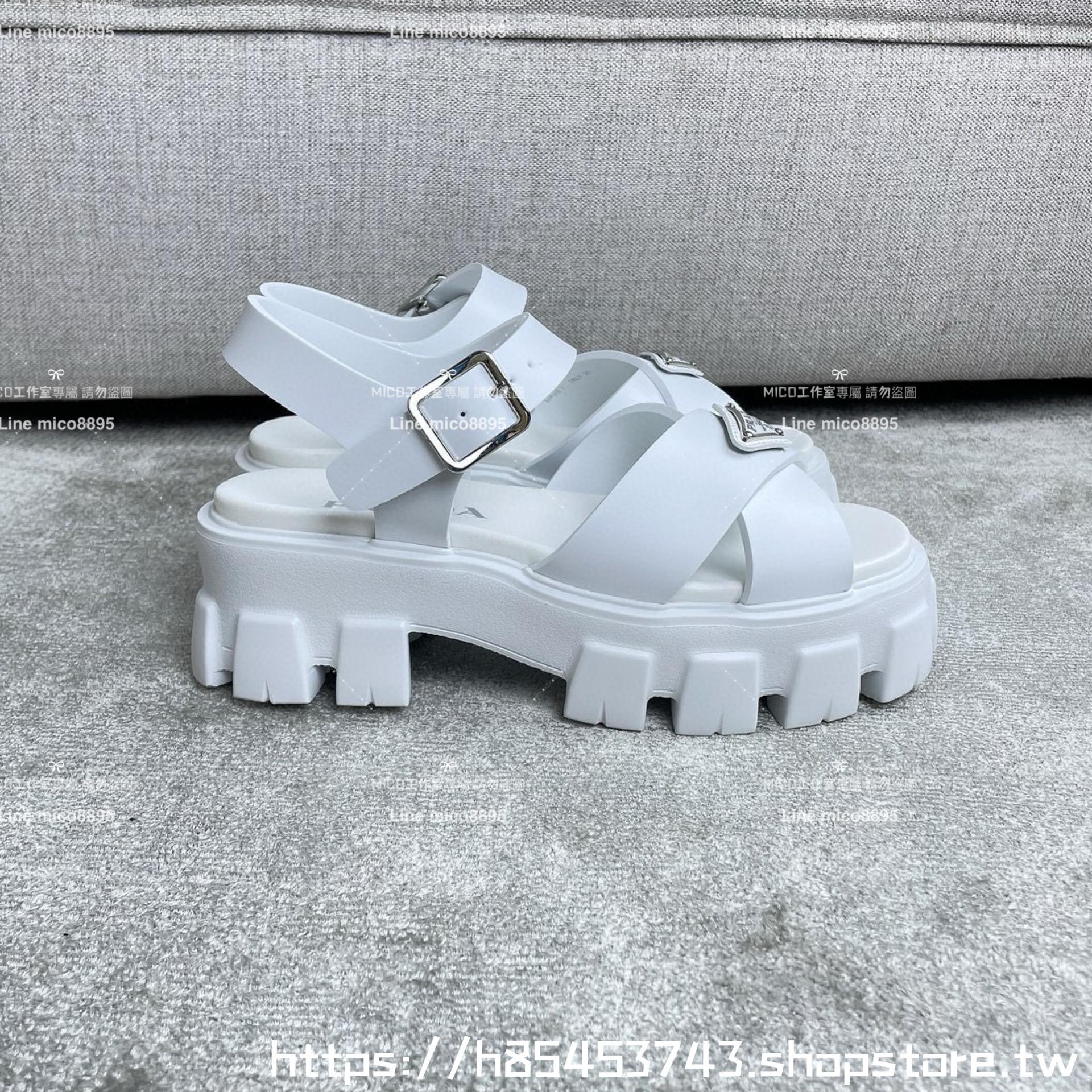 PRADA 普拉達 白色 輪胎底齒輪底 露趾厚底羅馬涼鞋 6cm 35-40