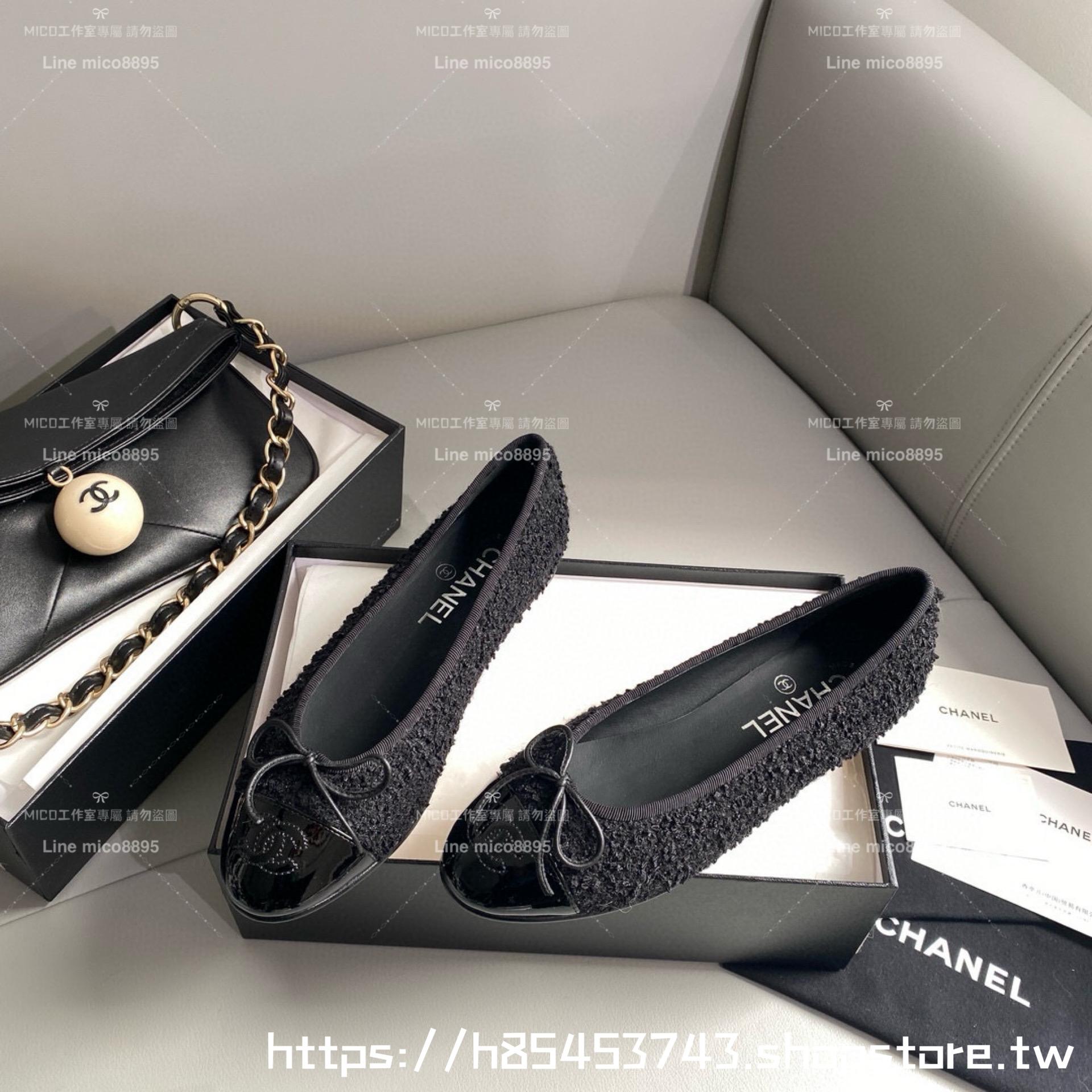 CHANEL 小香 經典款芭蕾舞鞋 呢料黑拼漆皮 平底鞋/女鞋 Size：35-39（34.40.41.42定做不退换）