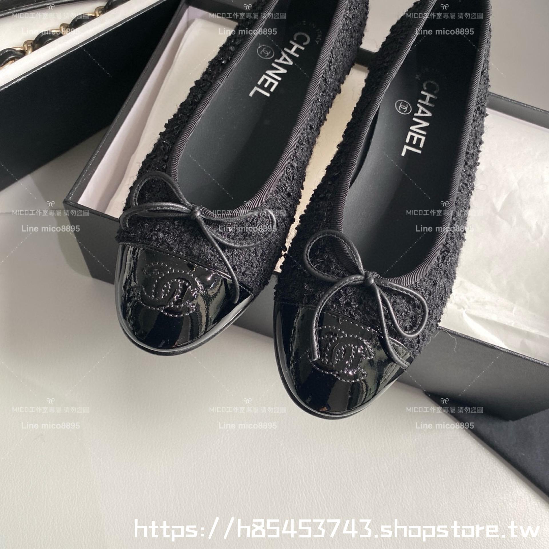 CHANEL 小香 經典款芭蕾舞鞋 呢料黑拼漆皮 平底鞋/女鞋 Size：35-39（34.40.41.42定做不退换）