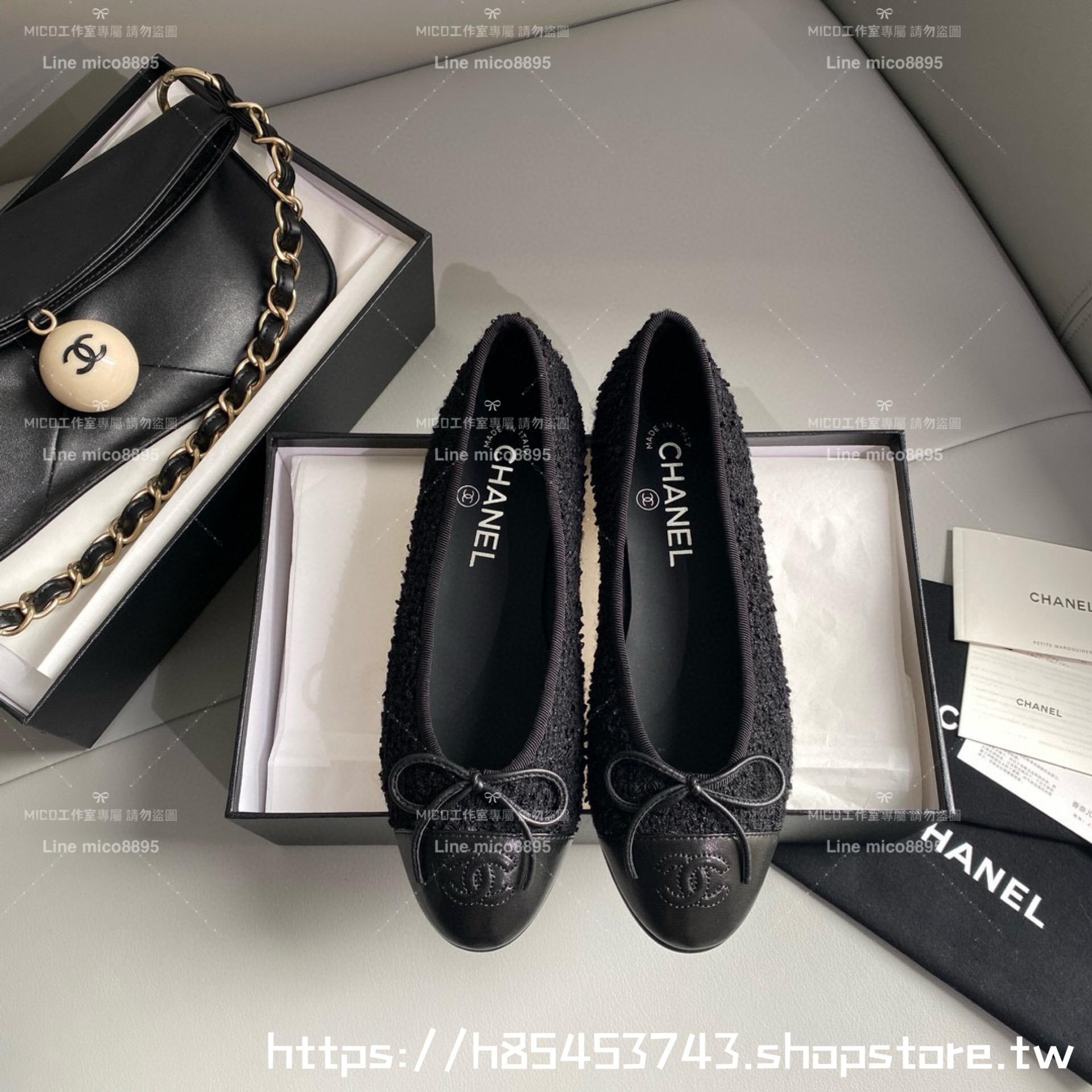 CHANEL 小香 經典款芭蕾舞鞋 呢料黑拼皮 平底鞋/女鞋 Size：35-39（34.40.41.42定做不退换）