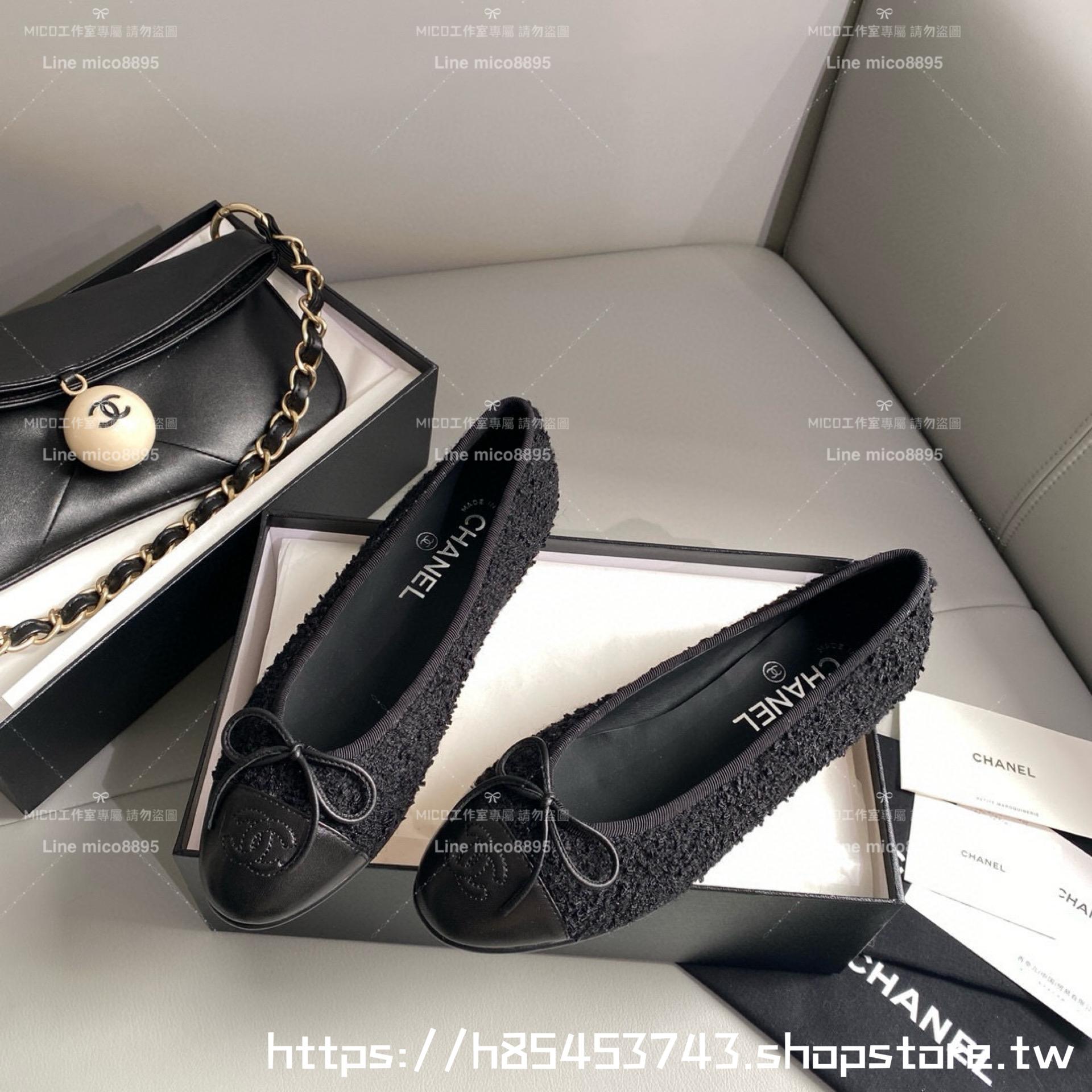 CHANEL 小香 經典款芭蕾舞鞋 呢料黑拼皮 平底鞋/女鞋 Size：35-39（34.40.41.42定做不退换）