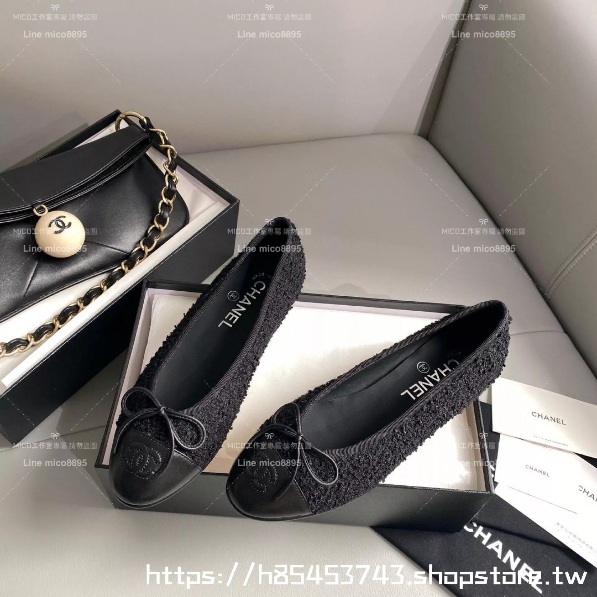 CHANEL 小香 經典款芭蕾舞鞋 呢料黑拼皮 平底鞋/女鞋 Size：35-39（34.40.41.42定做不退换）