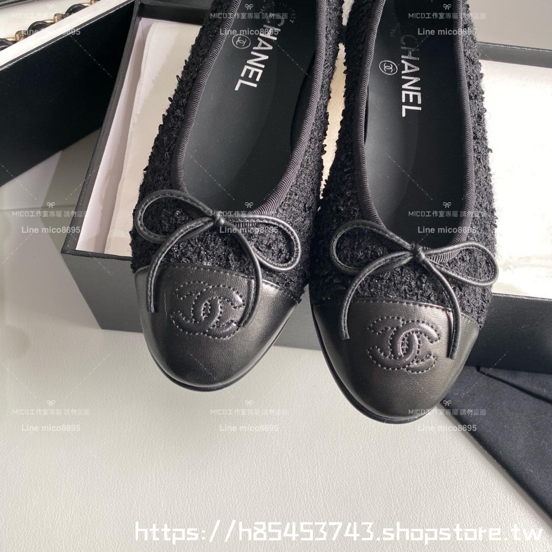 CHANEL 小香 經典款芭蕾舞鞋 呢料黑拼皮 平底鞋/女鞋 Size：35-39（34.40.41.42定做不退换）