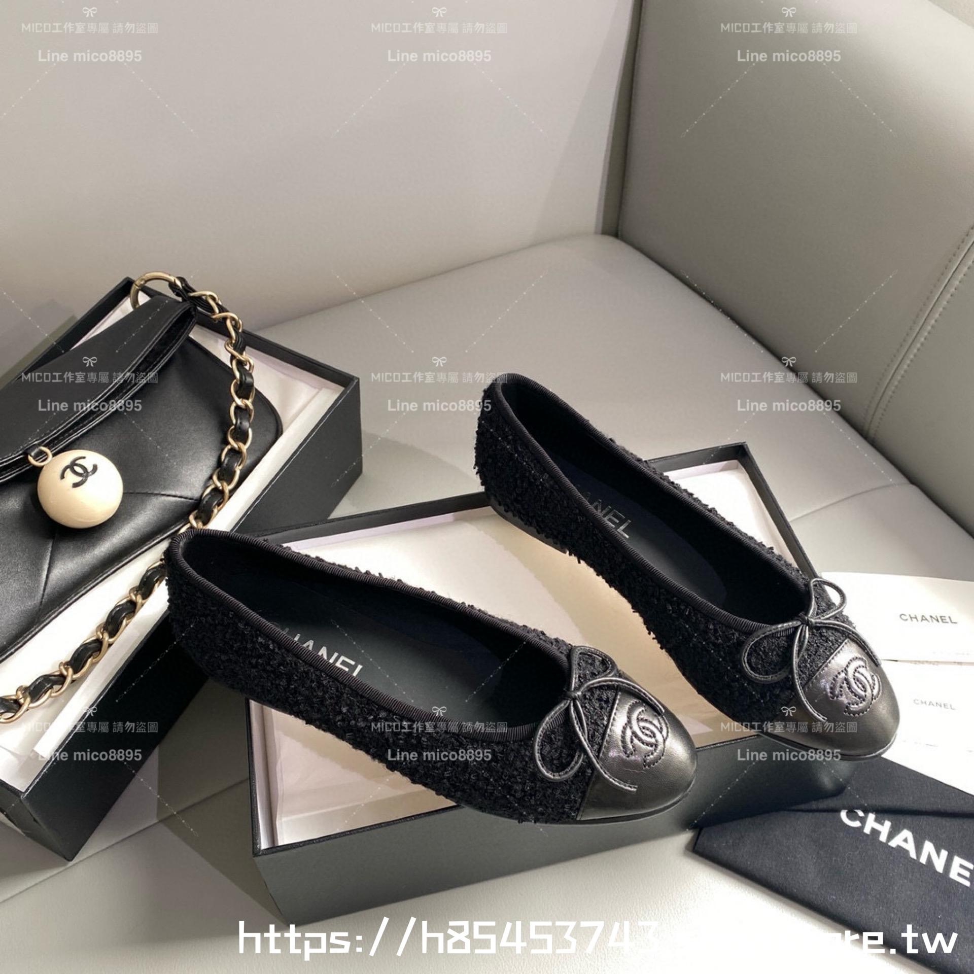 CHANEL 小香 經典款芭蕾舞鞋 呢料黑拼皮 平底鞋/女鞋 Size：35-39（34.40.41.42定做不退换）