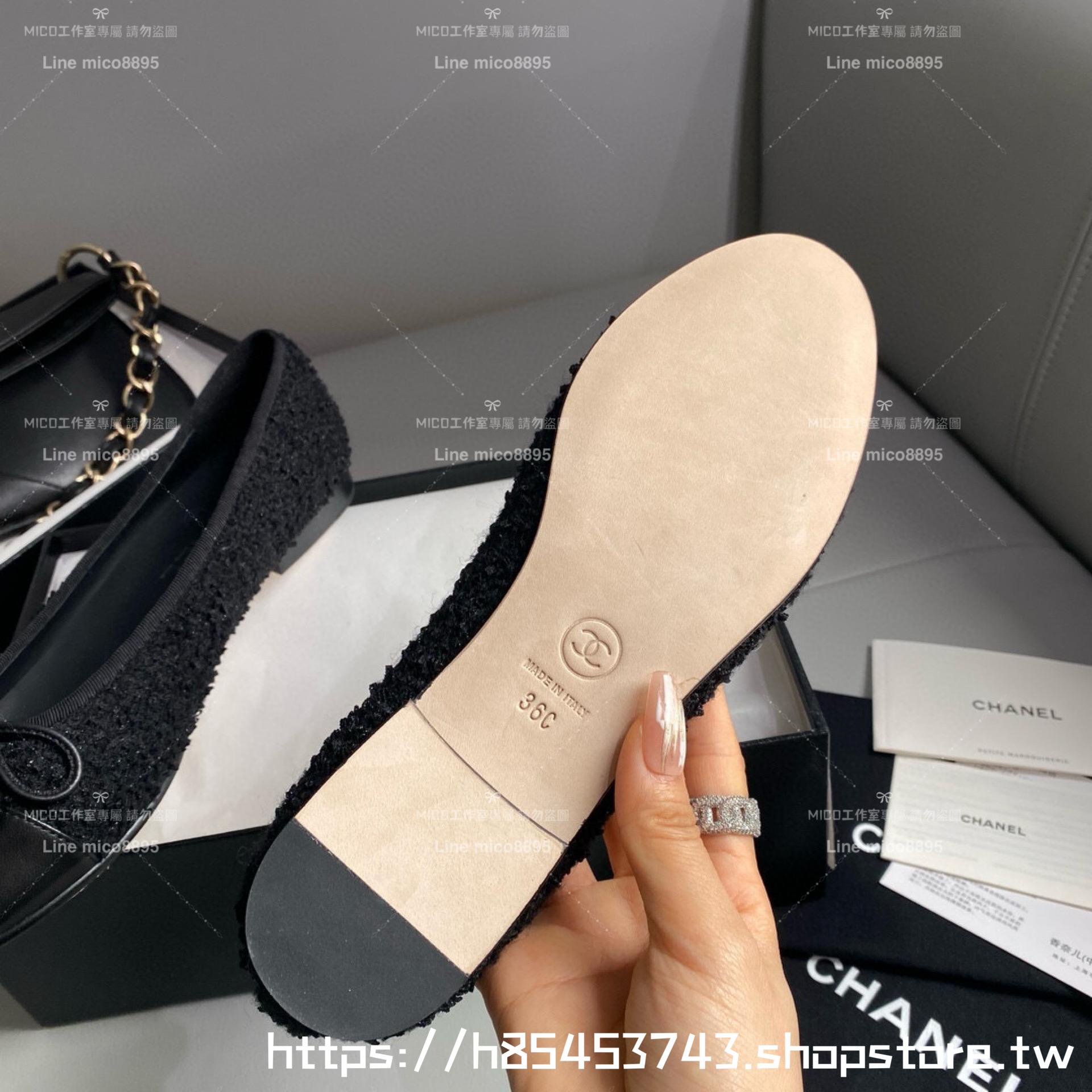 CHANEL 小香 經典款芭蕾舞鞋 呢料黑拼皮 平底鞋/女鞋 Size：35-39（34.40.41.42定做不退换）