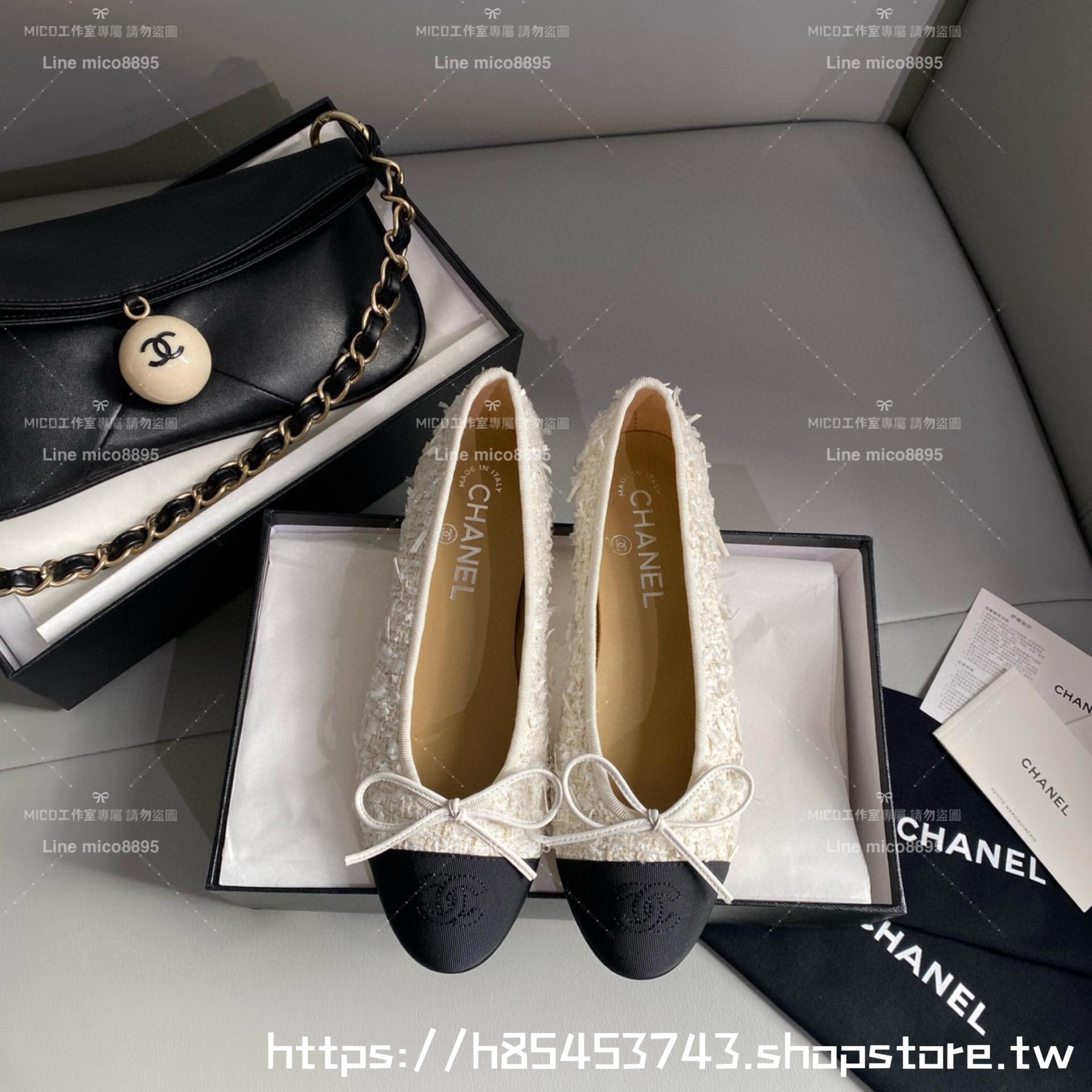 CHANEL 小香 經典款芭蕾舞鞋 呢料白拼布 平底鞋/女鞋 Size：35-39（34.40.41.42定做不退换）