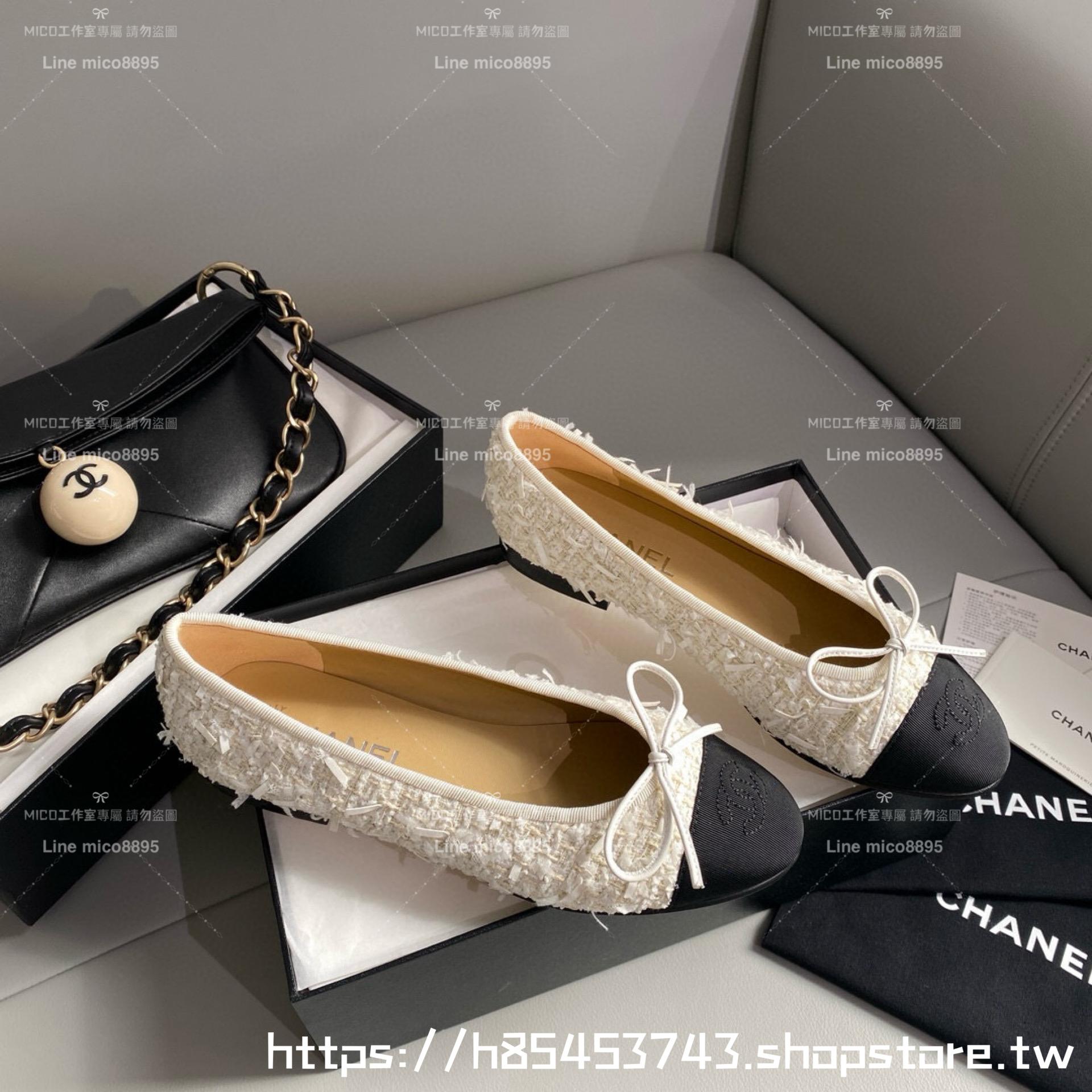 CHANEL 小香 經典款芭蕾舞鞋 呢料白拼布 平底鞋/女鞋 Size：35-39（34.40.41.42定做不退换）