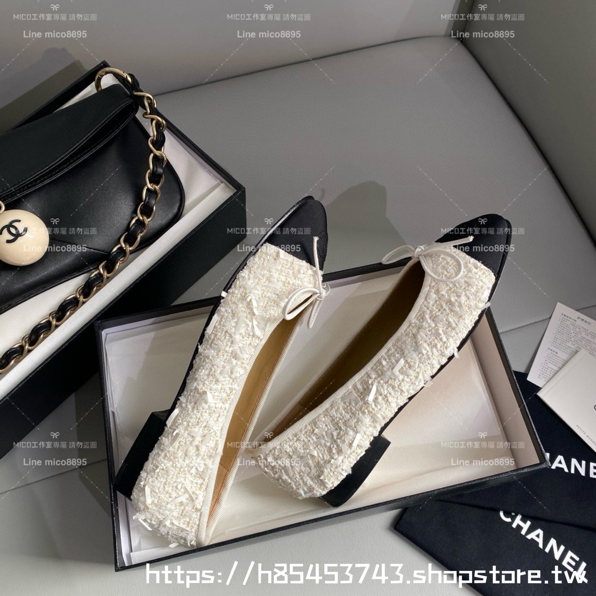 CHANEL 小香 經典款芭蕾舞鞋 呢料白拼布 平底鞋/女鞋 Size：35-39（34.40.41.42定做不退换）